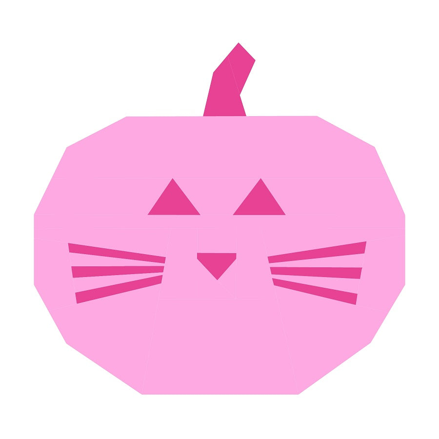 Cat O Lantern paper pieced quilt block with cat pumpkin face on a pink background