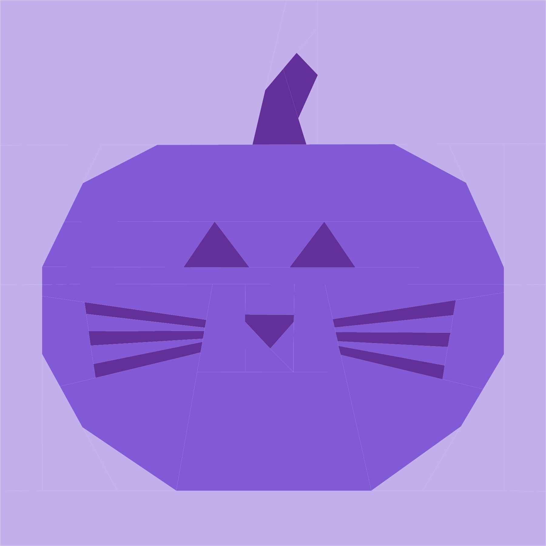 Cat O Lantern paper pieced quilt block with cat pumpkin face on a purple background
