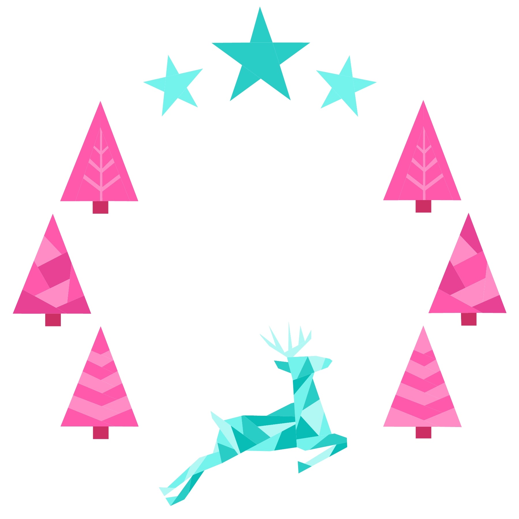 Frolic paper pieced pattern featuring a deer, trees and stars
