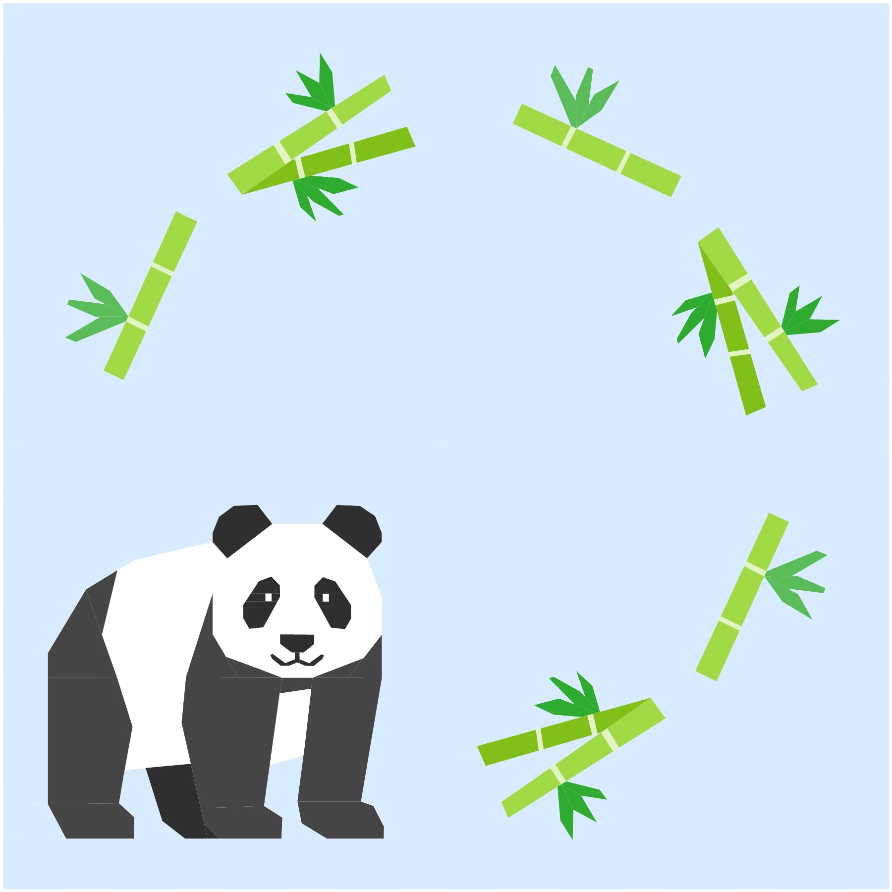 Happy panda foundation paper pieced quilt block with bamboo wreath on blue background