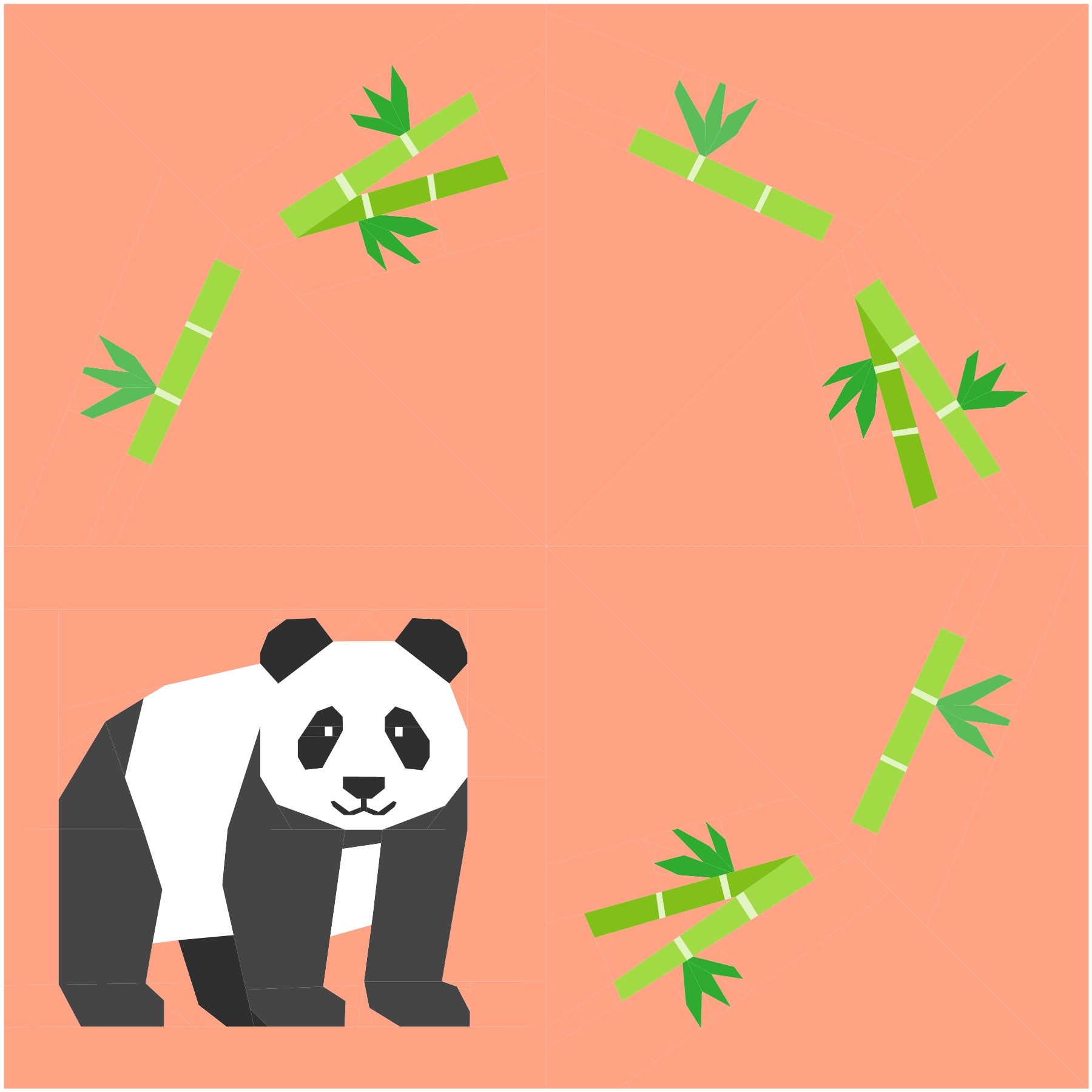 Happy panda foundation paper pieced quilt block with bamboo wreath on coral background