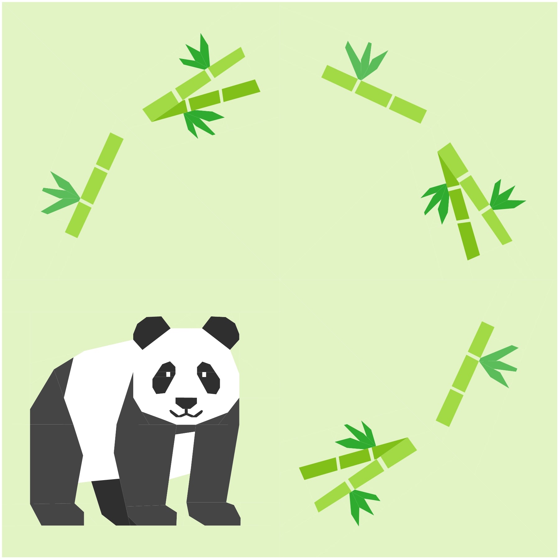 Happy panda foundation paper pieced quilt block with bamboo wreath on green background