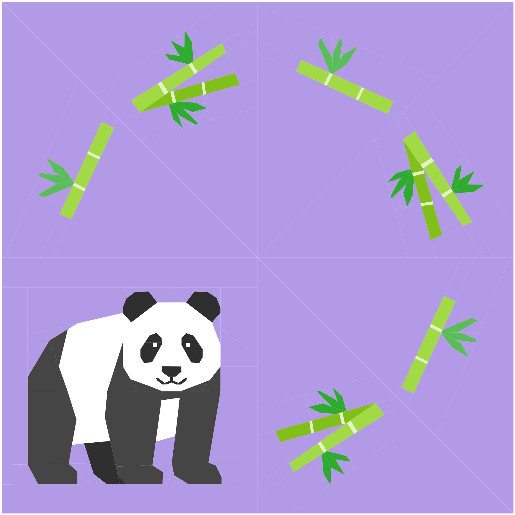 Happy panda foundation paper pieced quilt block with bamboo wreath on purple background