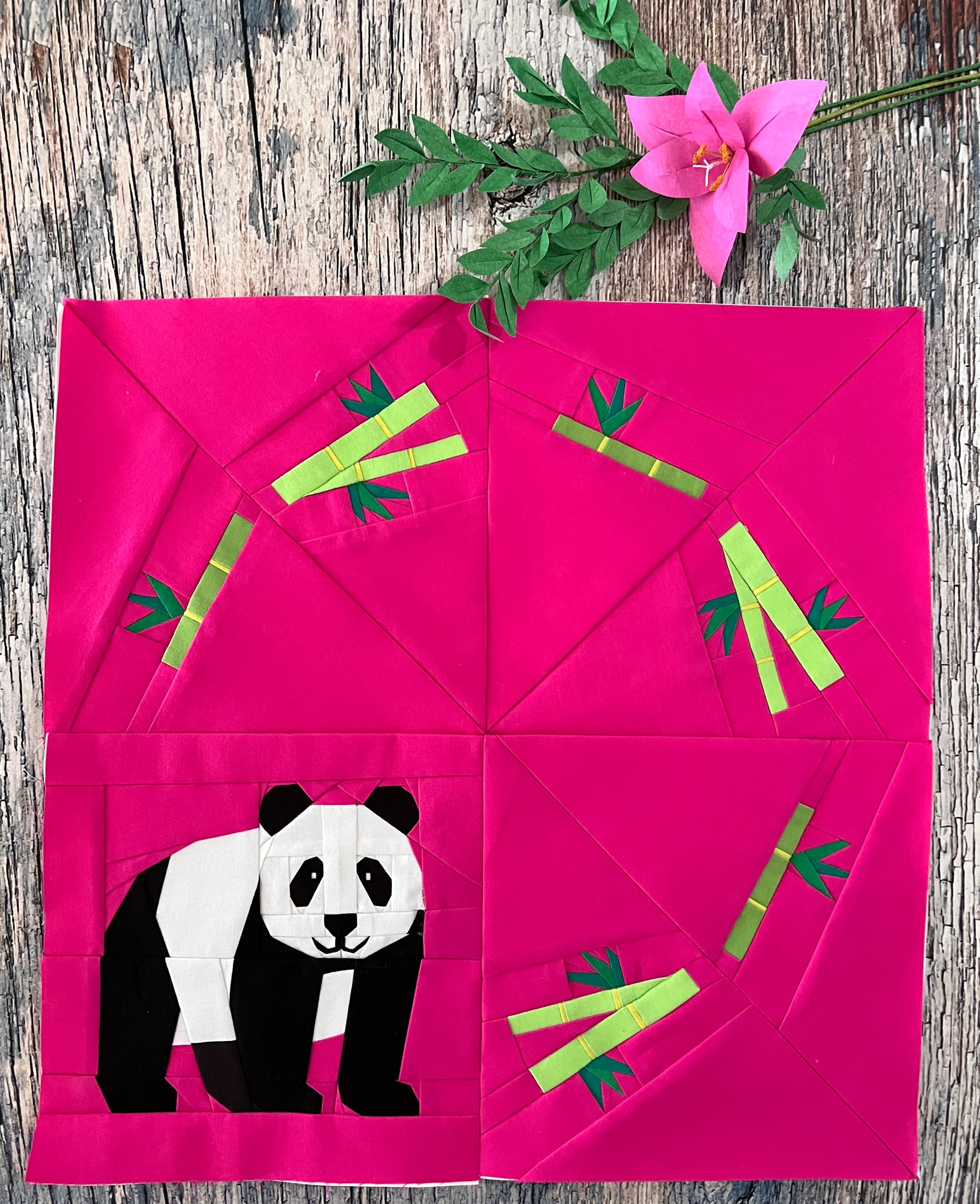 Sewn happy panda foundation paper pieced quilt block in fabric