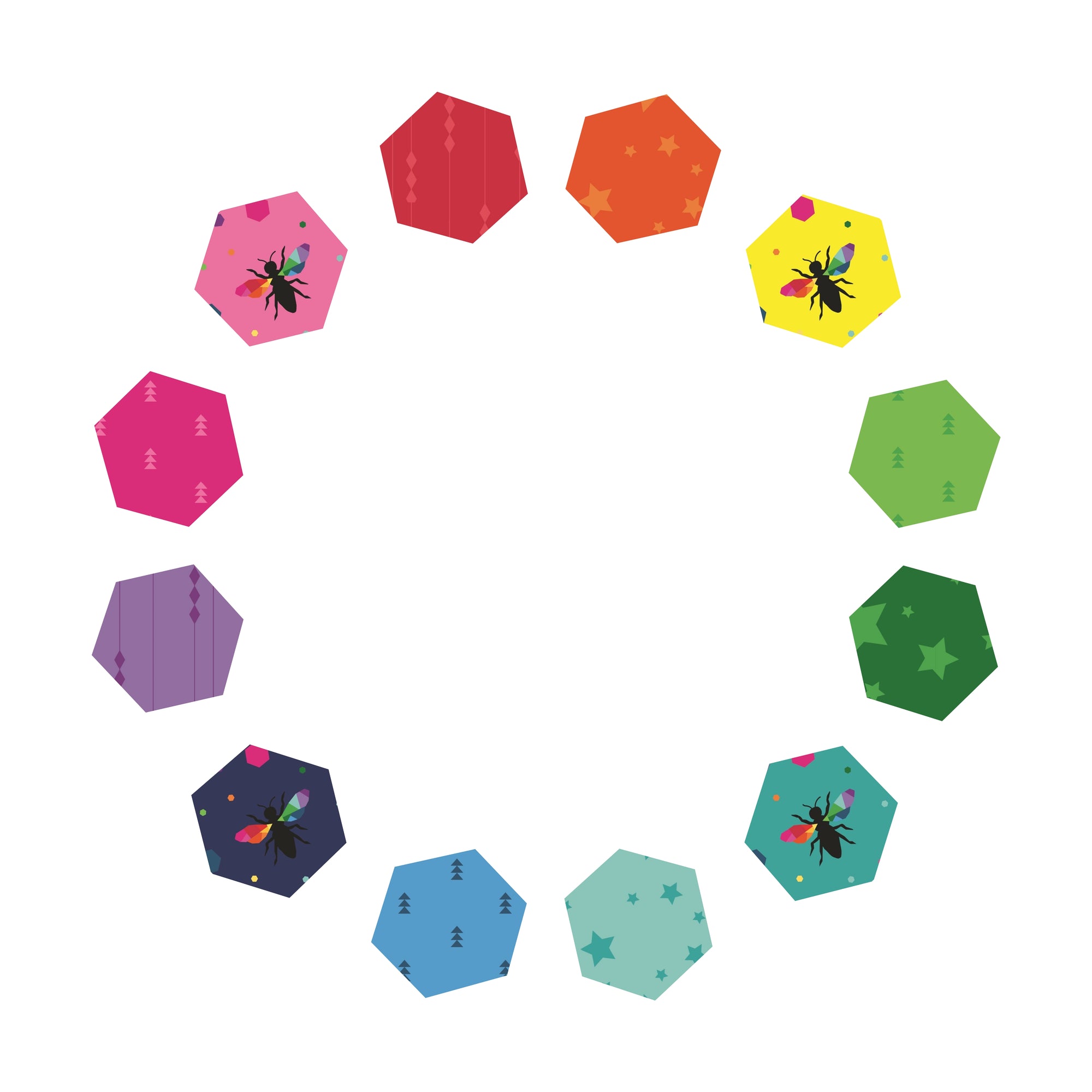 ring of hexies in rainbow paper pieced pattern