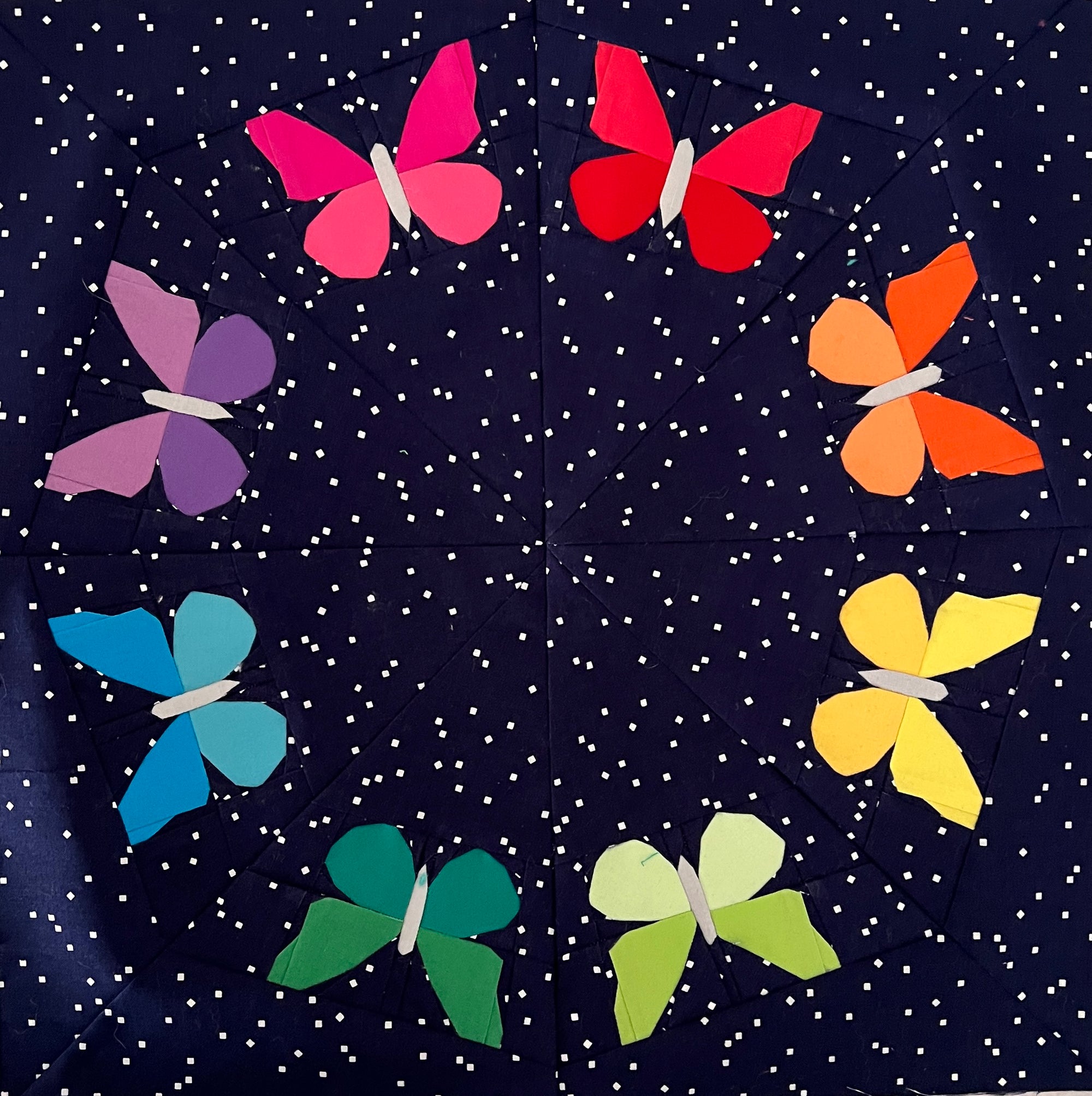 Finished kaleidoscope of butterflies quilt block sewn with foundation paper piecing