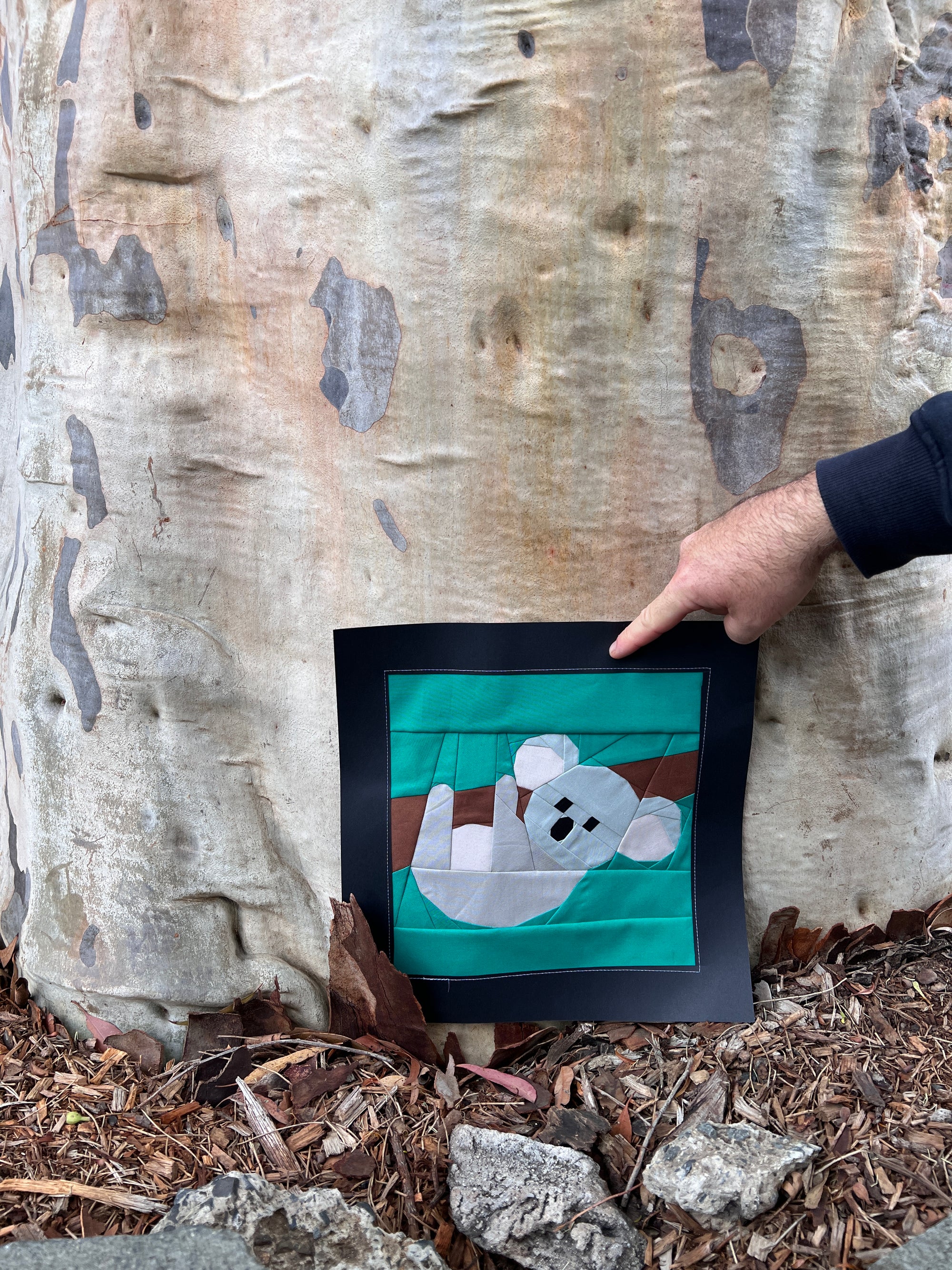 FPP Pattern - Koala in a tree foundation paper pieced quilt block photographed outdoors
