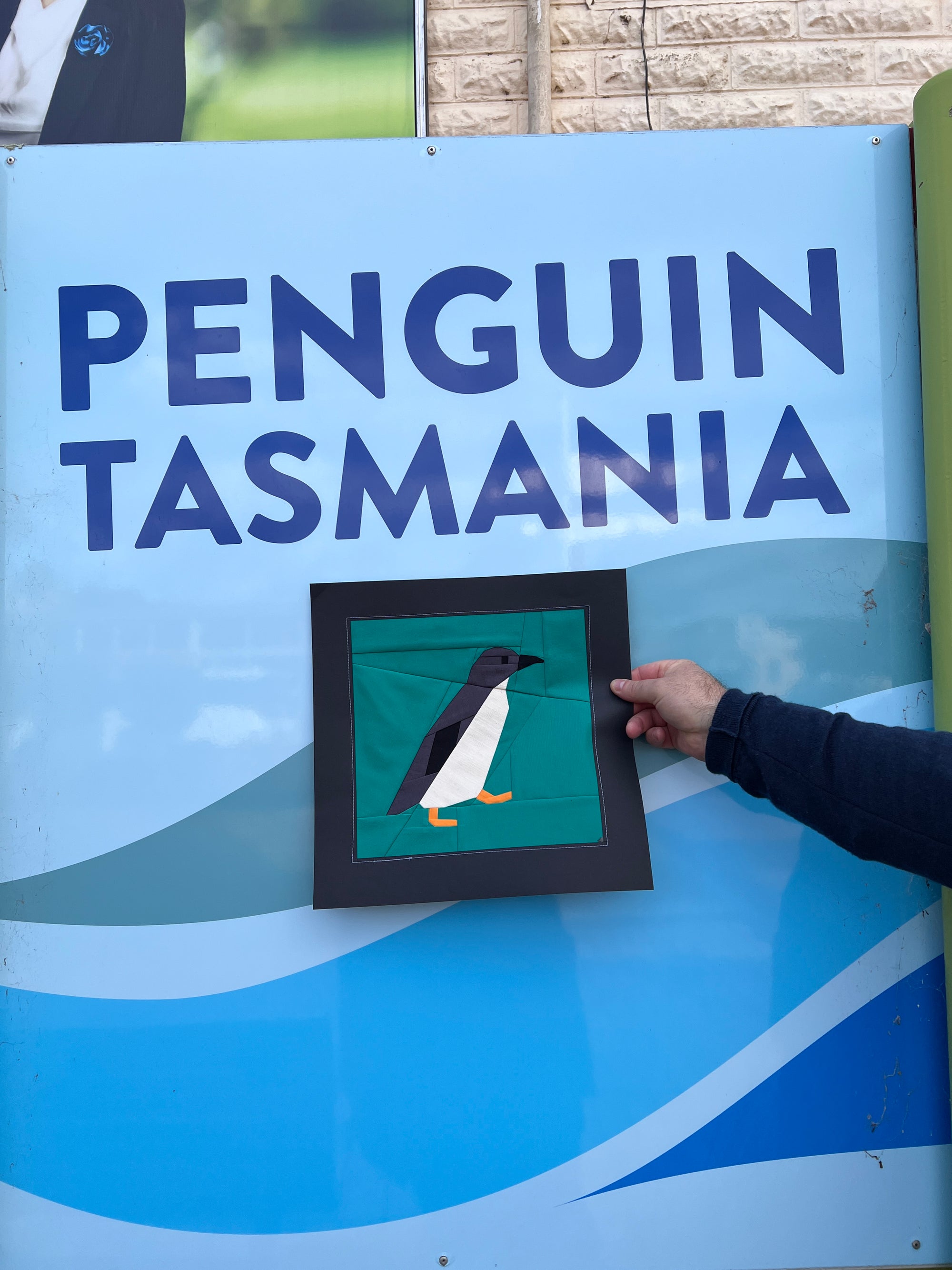 Little penguin foundation paper pieced quilt block photographed at Penguin Tasmania