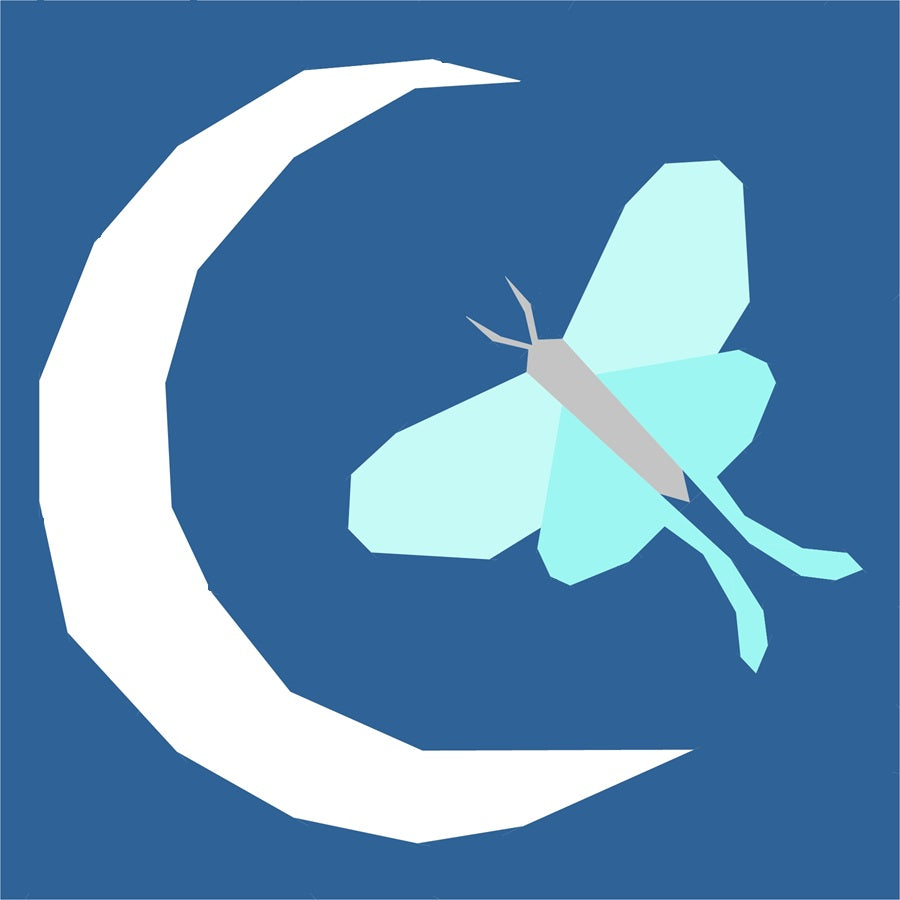 Moth flying toward a crescent moon, foundation paper pieced quilting pattern illustration on blue background