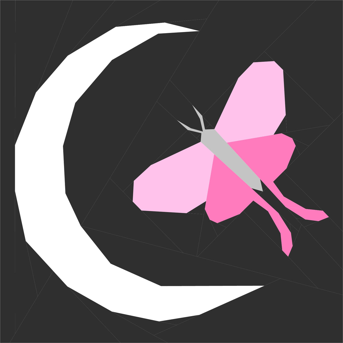 Pink moth and crescent moon, foundation paper pieced quilting pattern illustration on black background