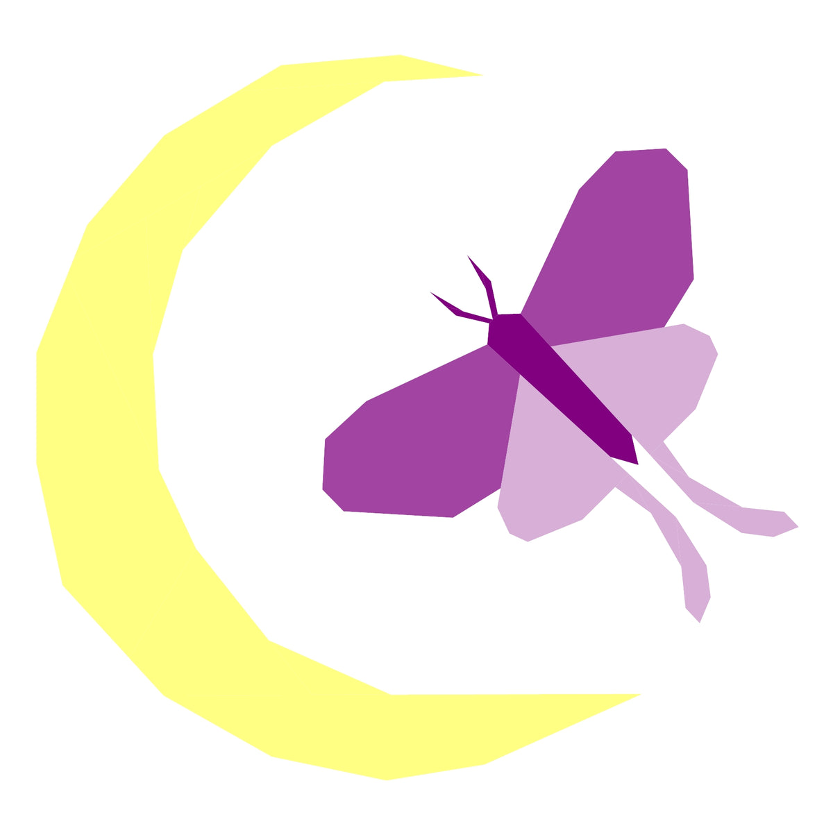 Purple moth flying toward yellow crescent moon, foundation paper pieced quilting pattern illustration