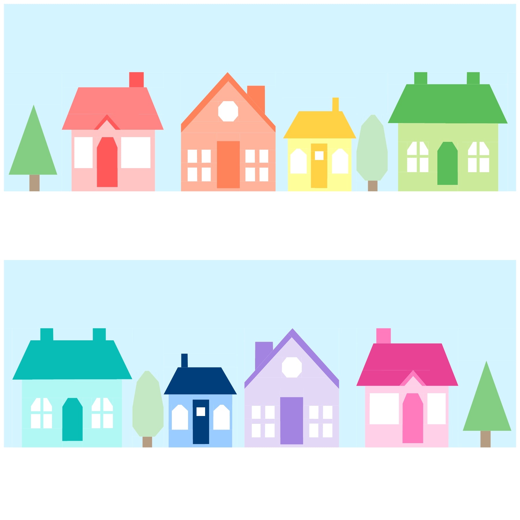 Row of colourful pastel houses with trees, foundation paper pieced quilting pattern illustration