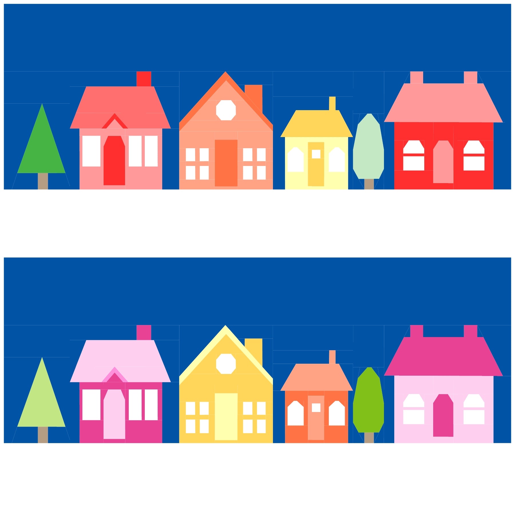 Rows of colourful neighbourhood houses with trees, foundation paper pieced quilting pattern illustration