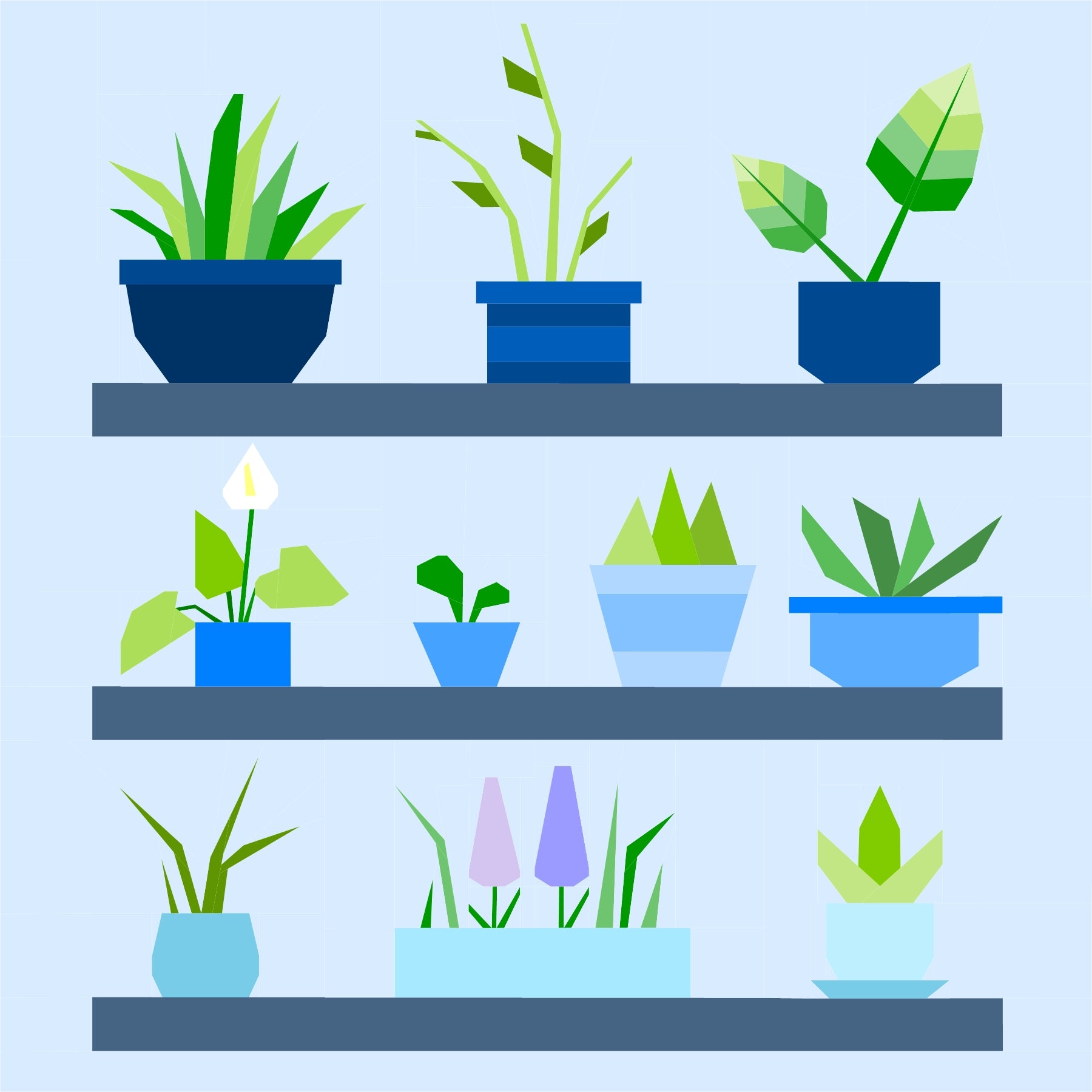 Potted Plants foundation paper pieced quilt block with blue shelves and varied fabric plant designs