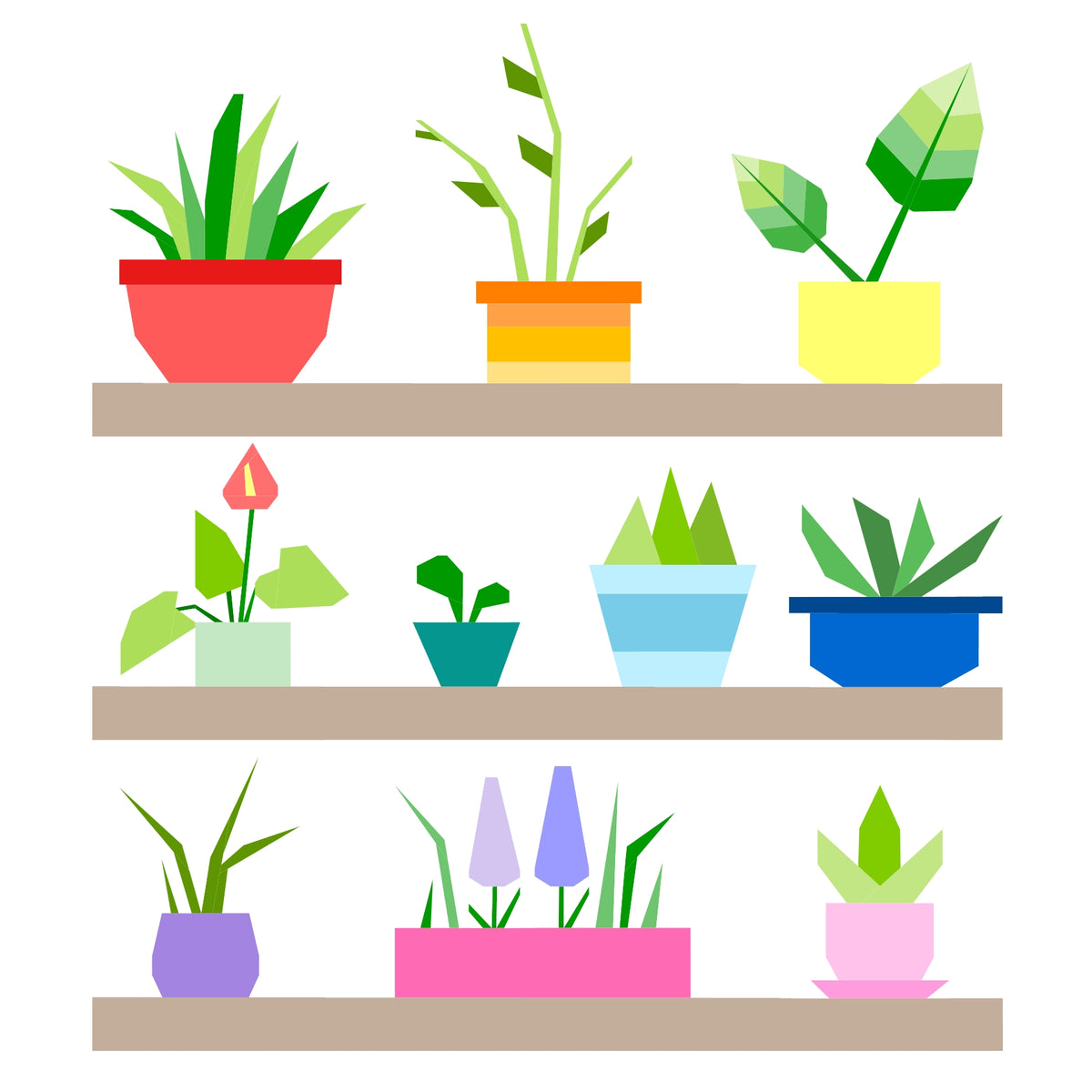 Potted Plants foundation paper pieced quilt block featuring assorted fabric plants on shelves