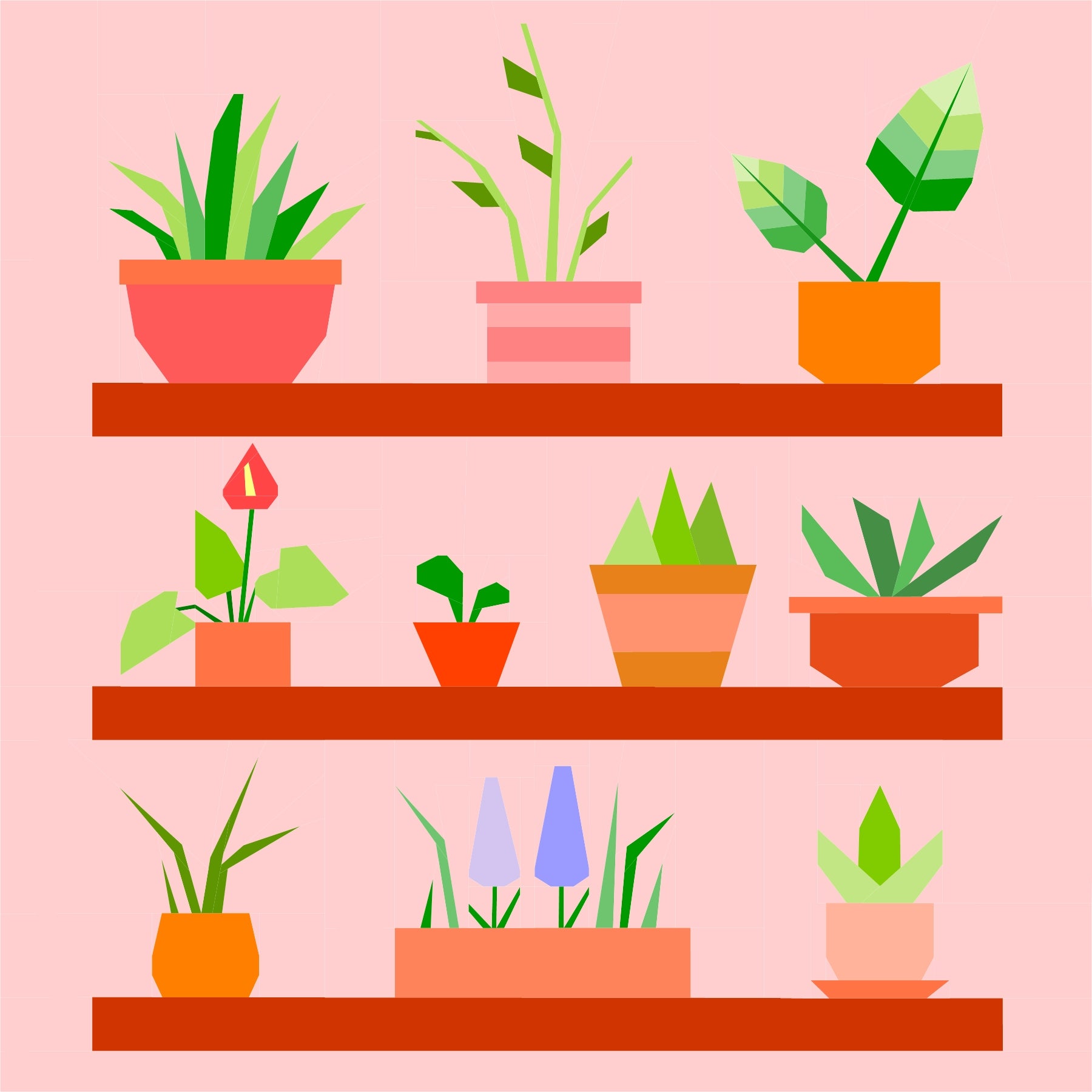 Foundation paper pieced Potted Plants quilt block in a warm orange shelf colourway