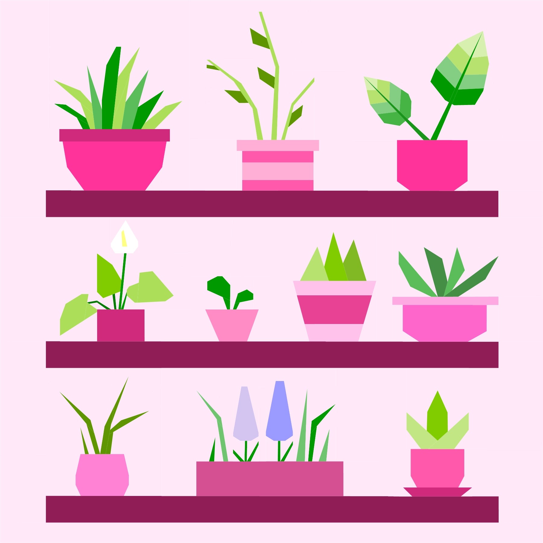 Potted Plants foundation paper pieced quilt block featuring pink shelves and playful fabric pots