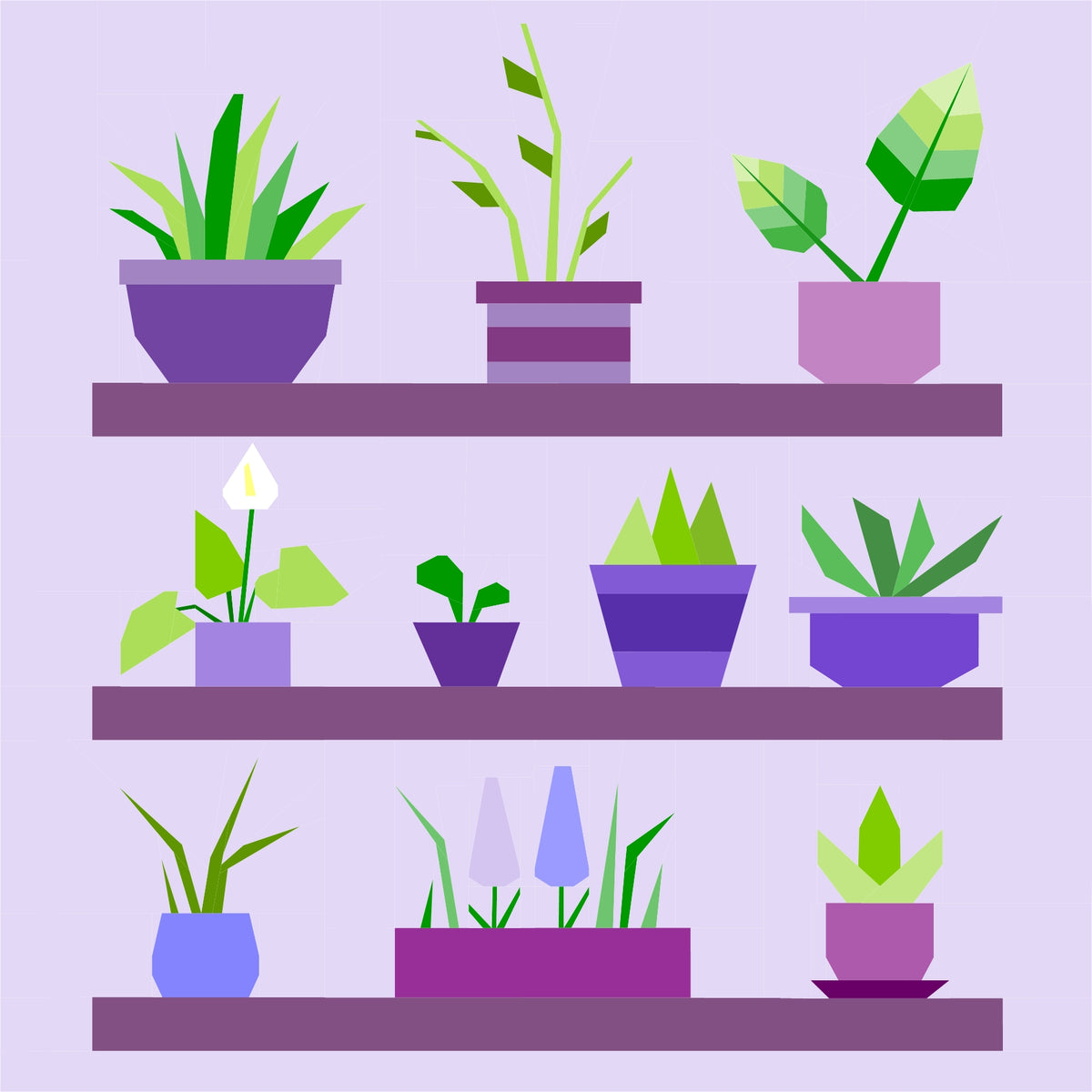 Foundation paper pieced Potted Plants quilt block with purple shelves and mixed plant styles