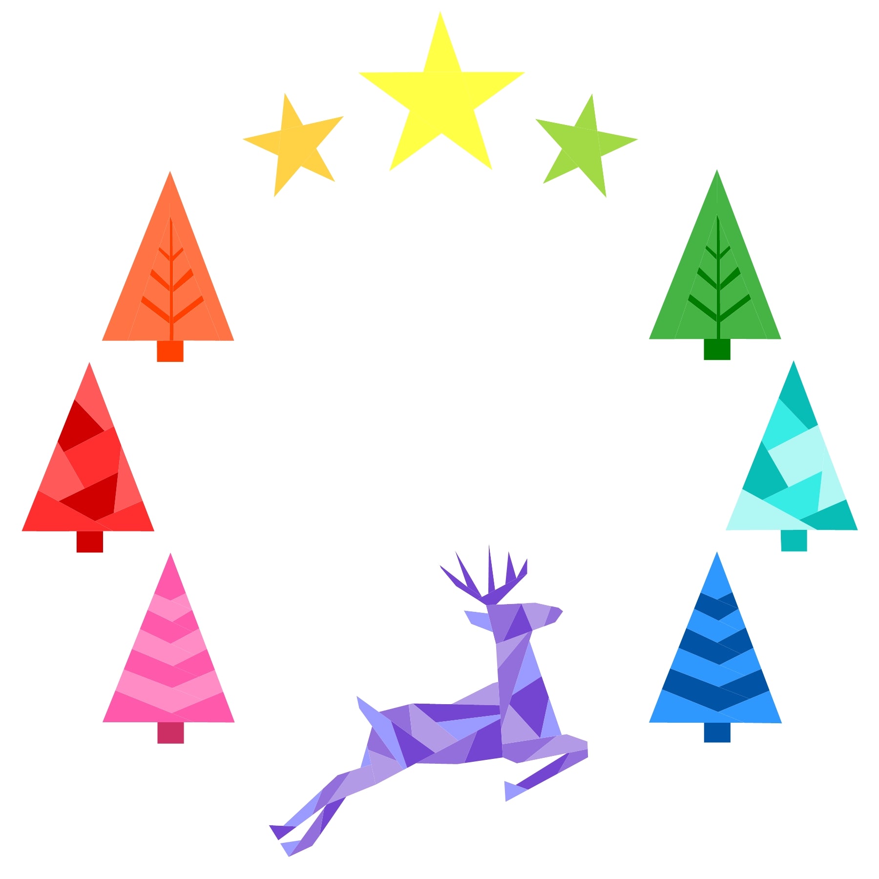 Rainbow Frolic paper pieced pattern featuring a deer, trees and stars on white background