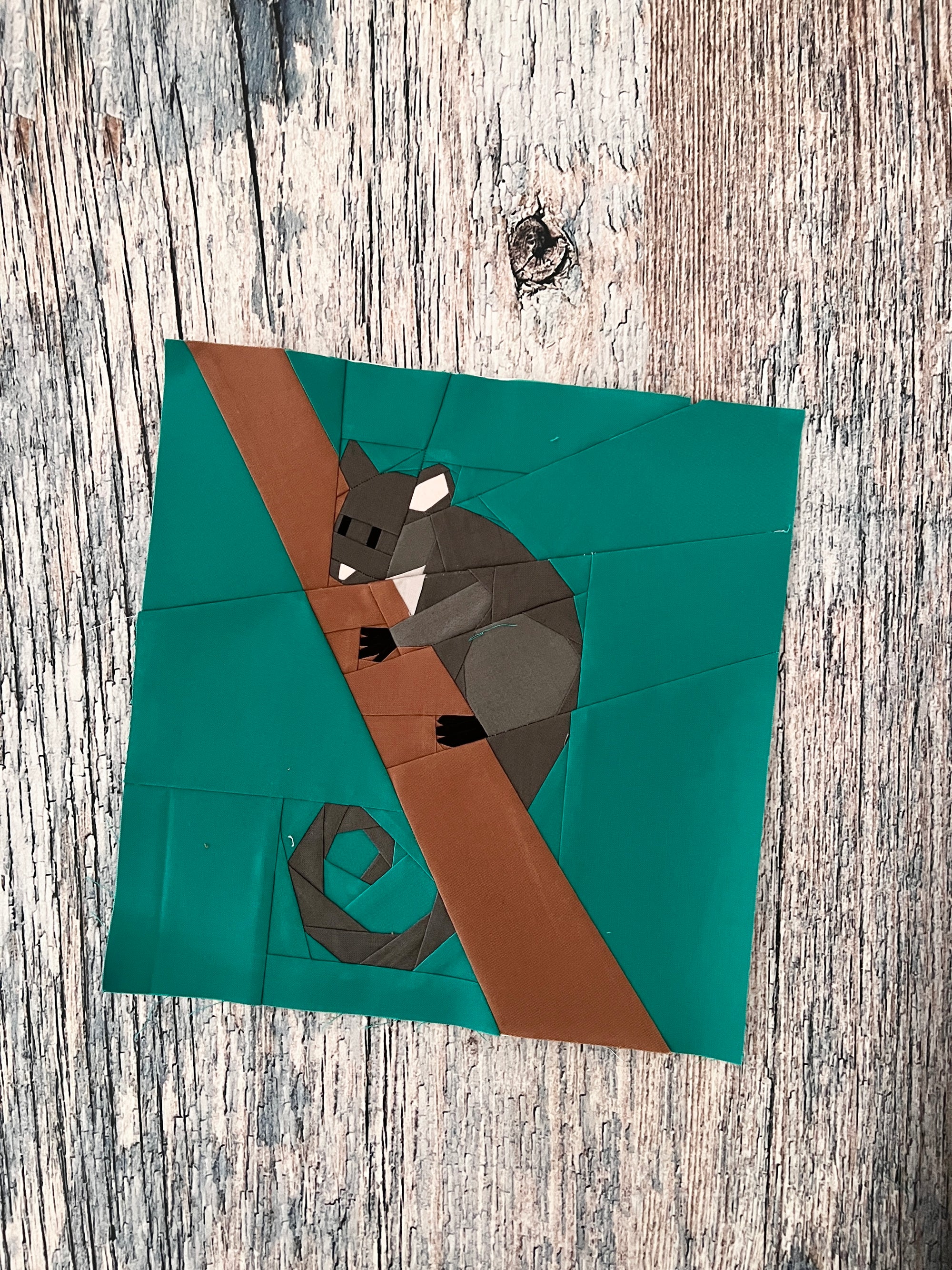 Finished ring tail possum foundation paper pieced quilt block
