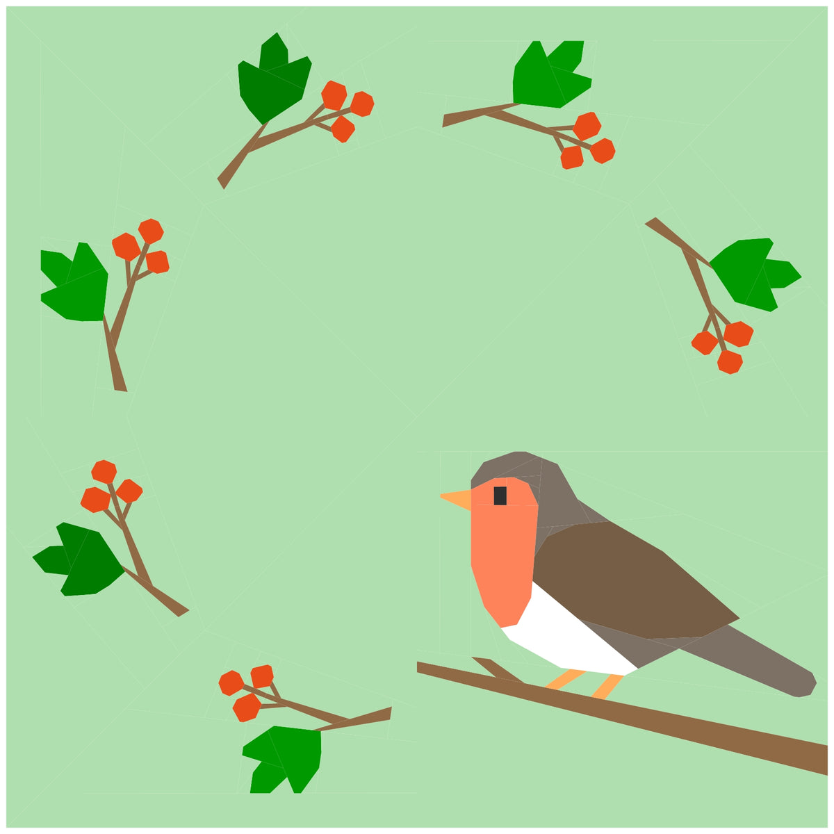 Robin perched on a branch with green leaves and berries, foundation paper pieced quilting pattern illustration