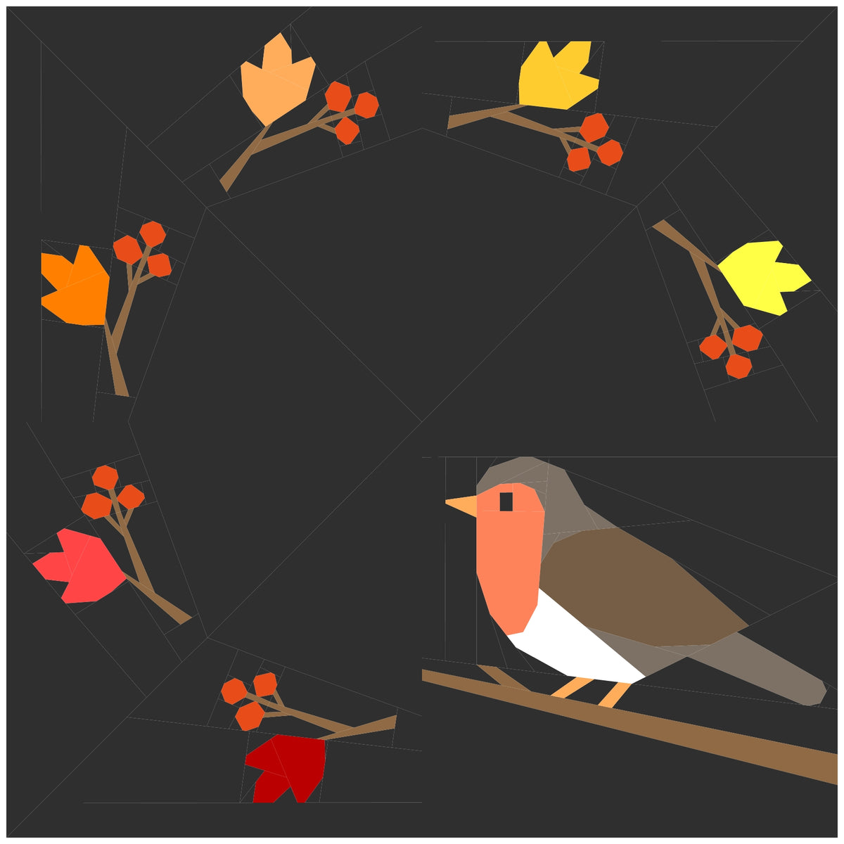 Robin surrounded by autumn leaves and berries, foundation paper pieced quilting pattern illustration on dark background