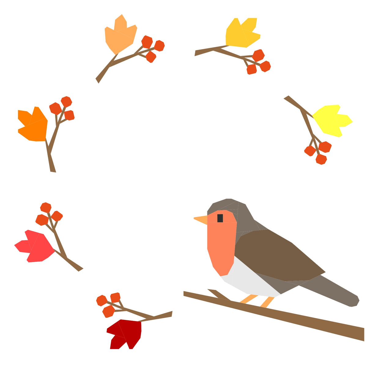 Robin with leaf and berry wreath, foundation paper pieced quilting pattern illustration on white background
