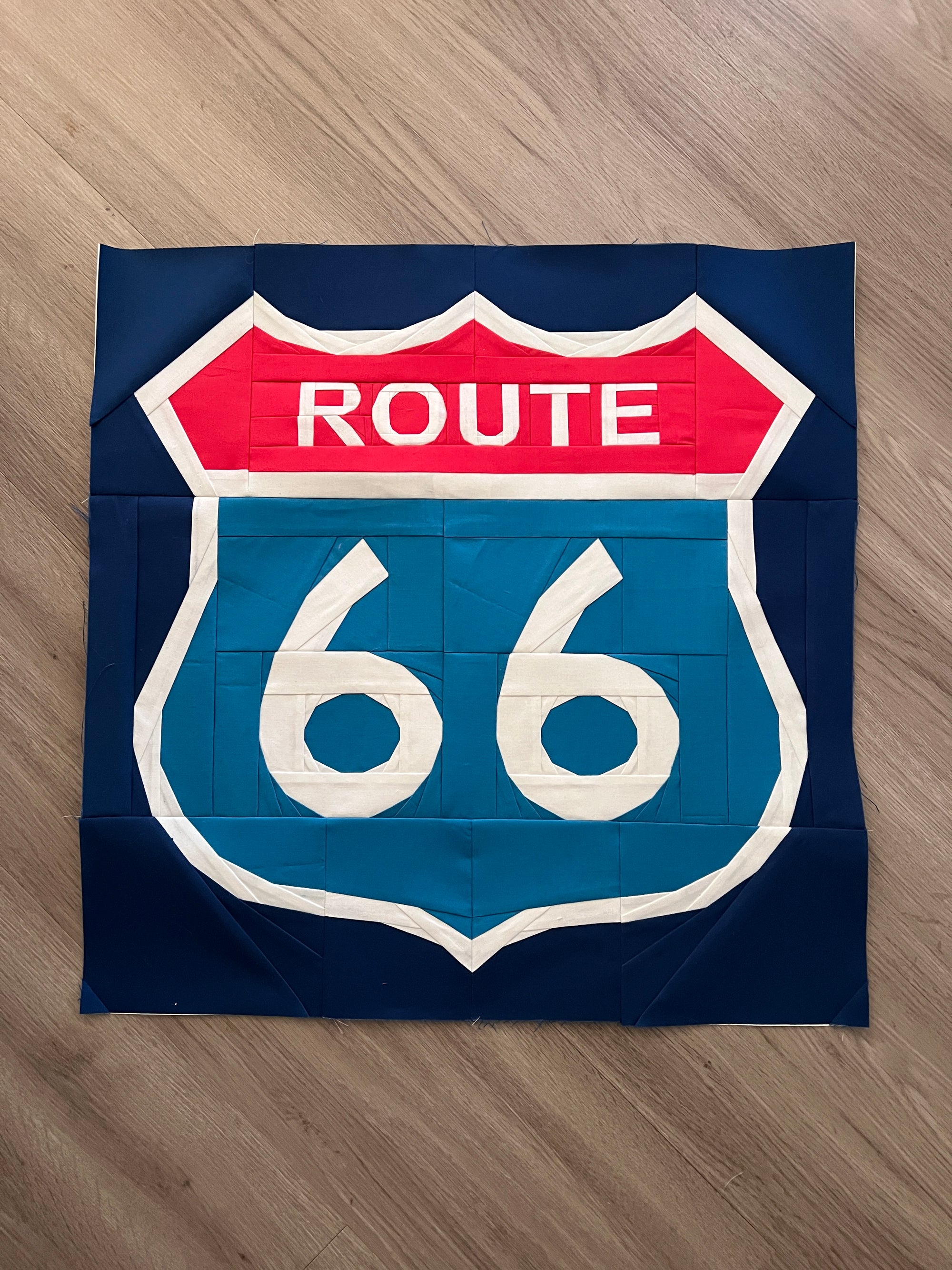 Sewn Route 66 sign quilt block made with foundation paper piecing