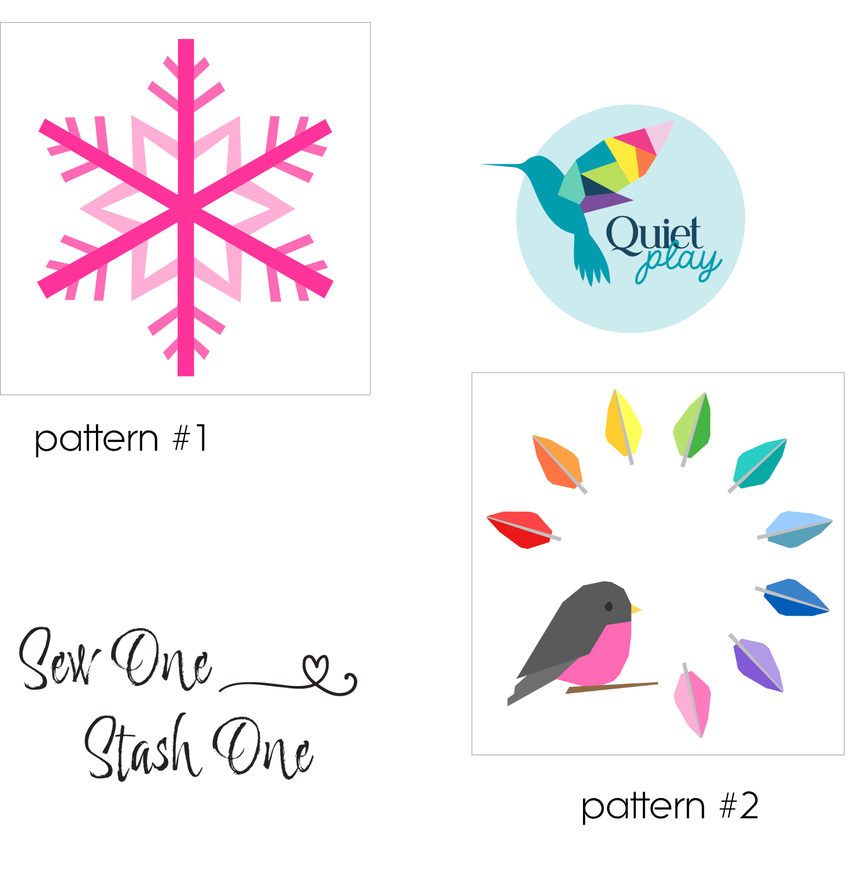Pink snowflake and small robin with colourful feather wreath foundation paper pieced quilting pattern bundle, Sew One Stash One