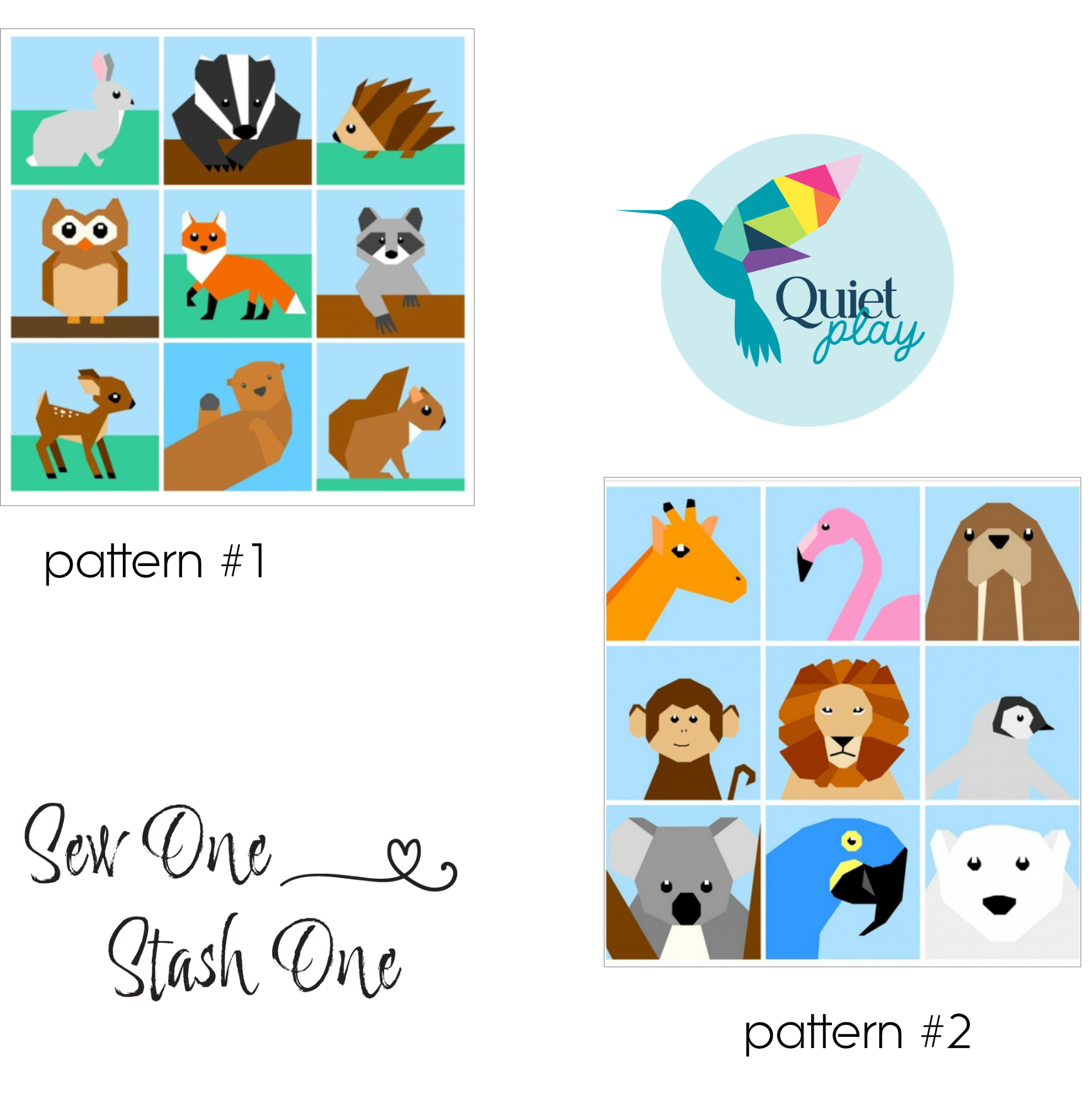 Woodland and zoo animal bundle foundation paper pieced quilting pattern featuring geometric animal blocks including rabbit, fox, owl, giraffe, lion, penguin and koala.