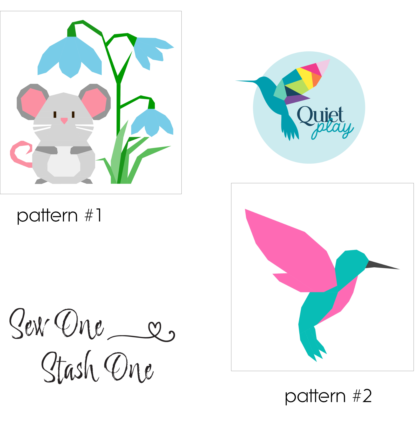 Sew One Stash One bundle featuring Merry Mouse and hummingbird foundation paper pieced quilting patterns together