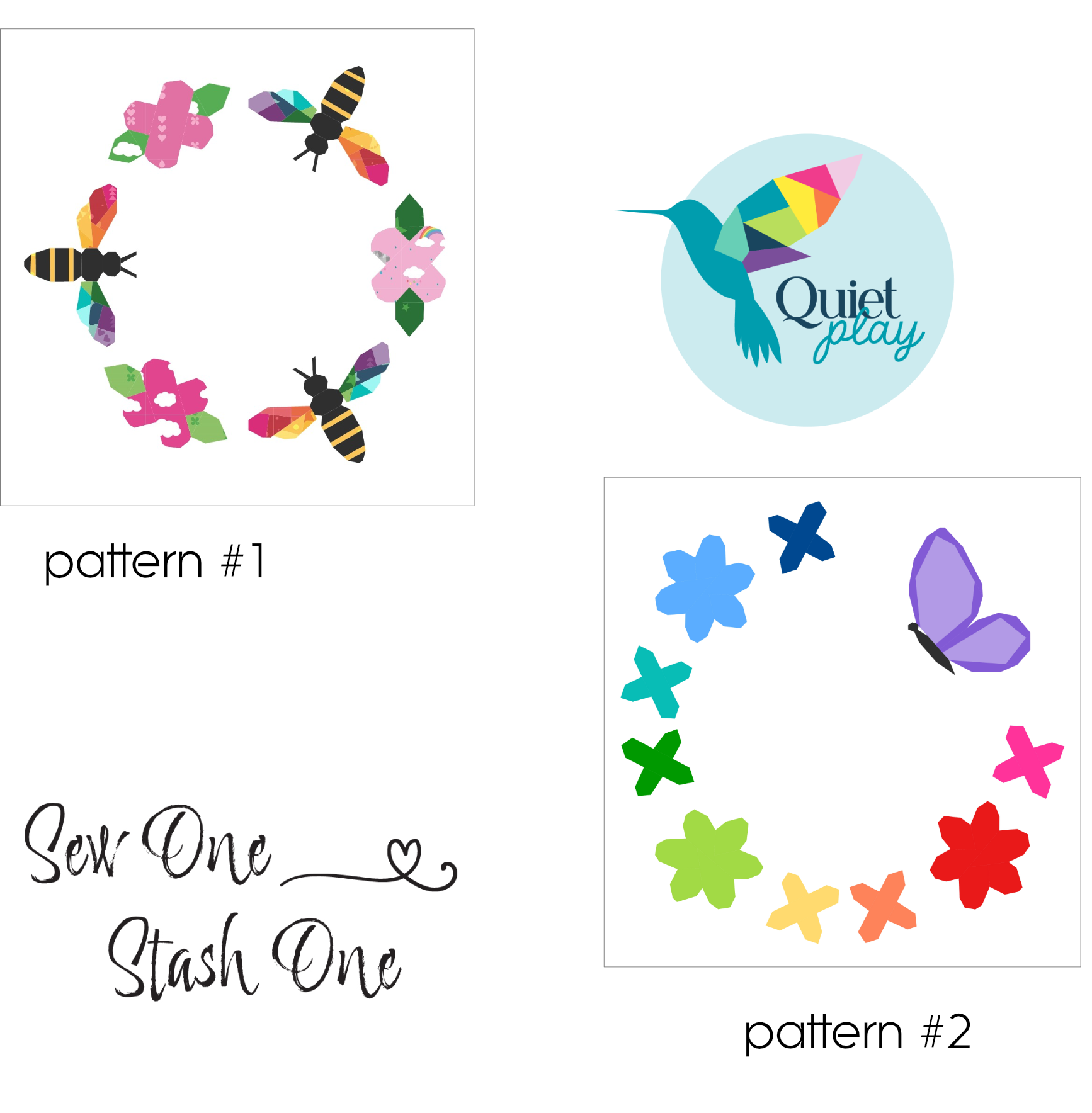 Busy Bees and Butterfly Garden foundation paper pieced quilting patterns featuring bees and floral butterfly designs in a Sew One Stash One bundle