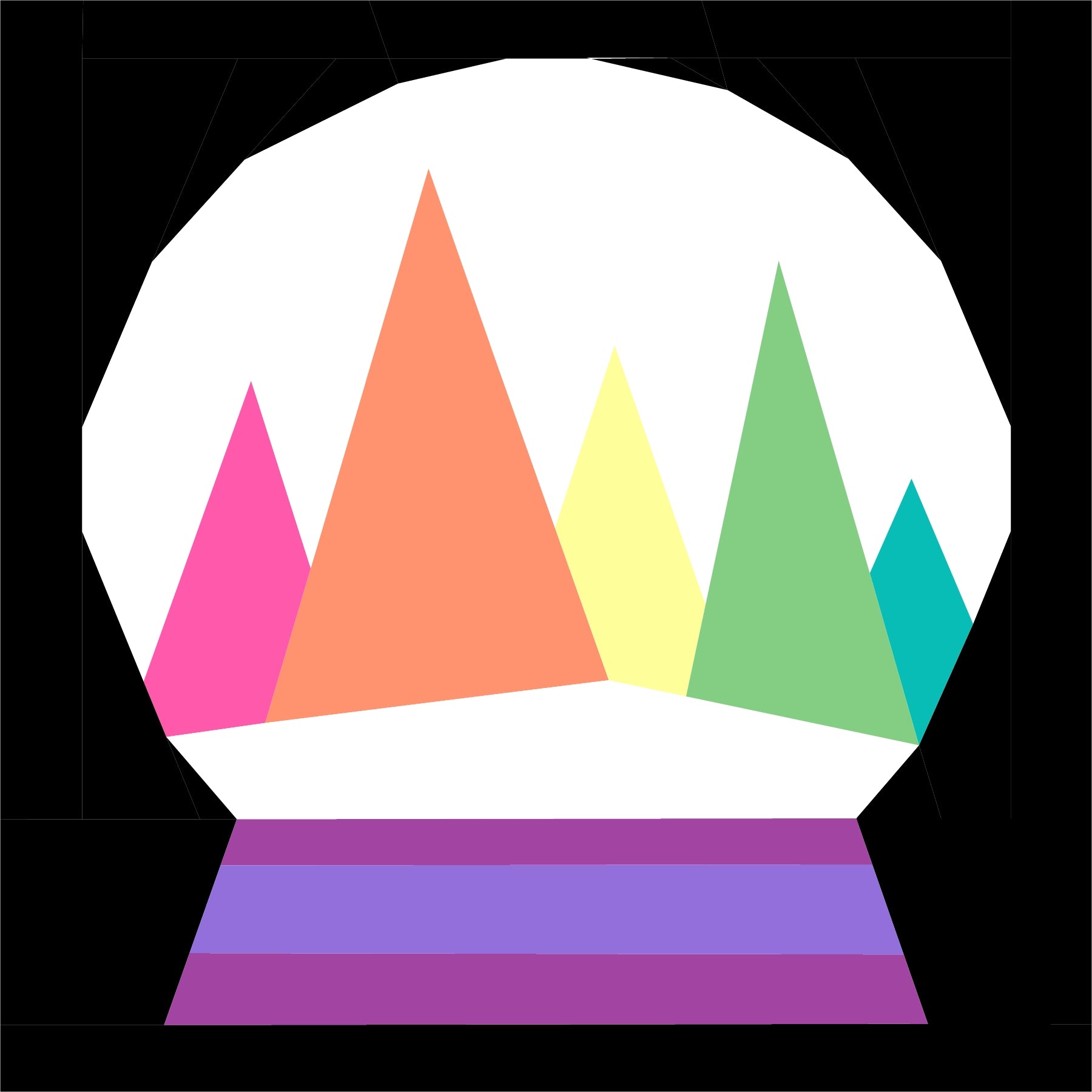 Finished Snow Globe Magic foundation paper pieced quilting pattern stitched quilt block featuring colorful winter trees inside a snow globe.