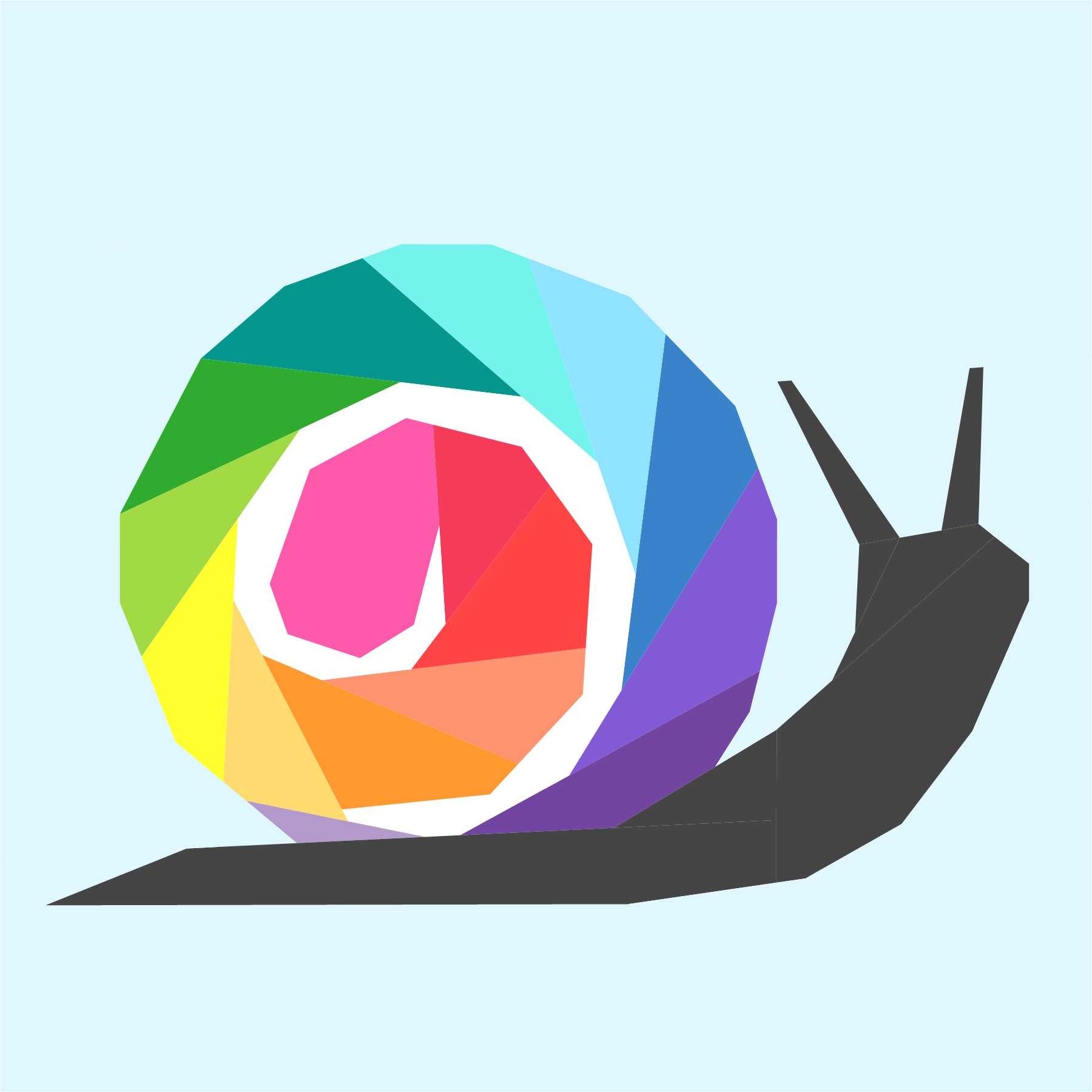 A stylized snail foundation paper pieced pattern featuring a multicolored geometric shell and a dark gray body, shown on a light blue background.