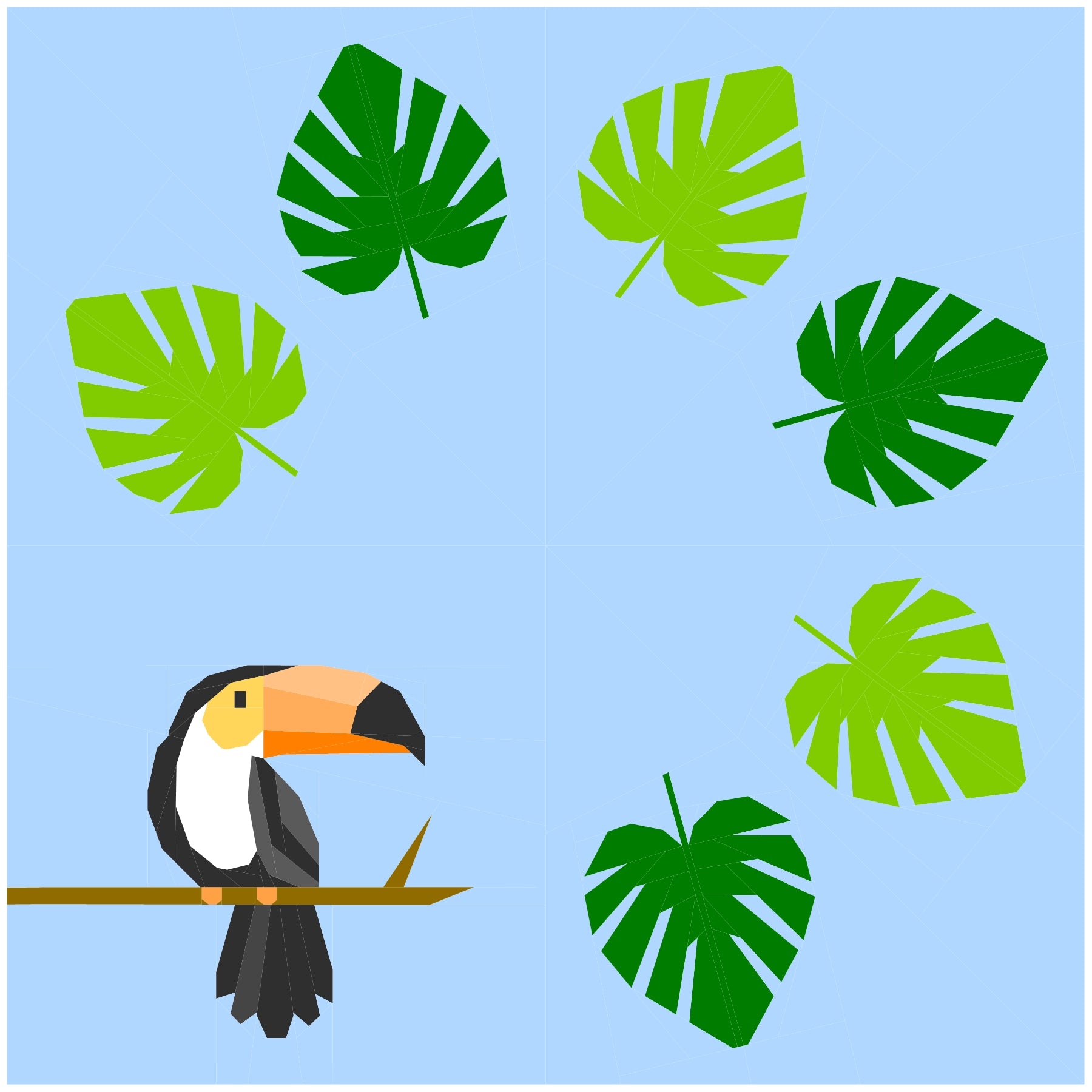 Toucan wreath quilt pattern in blue background colourway