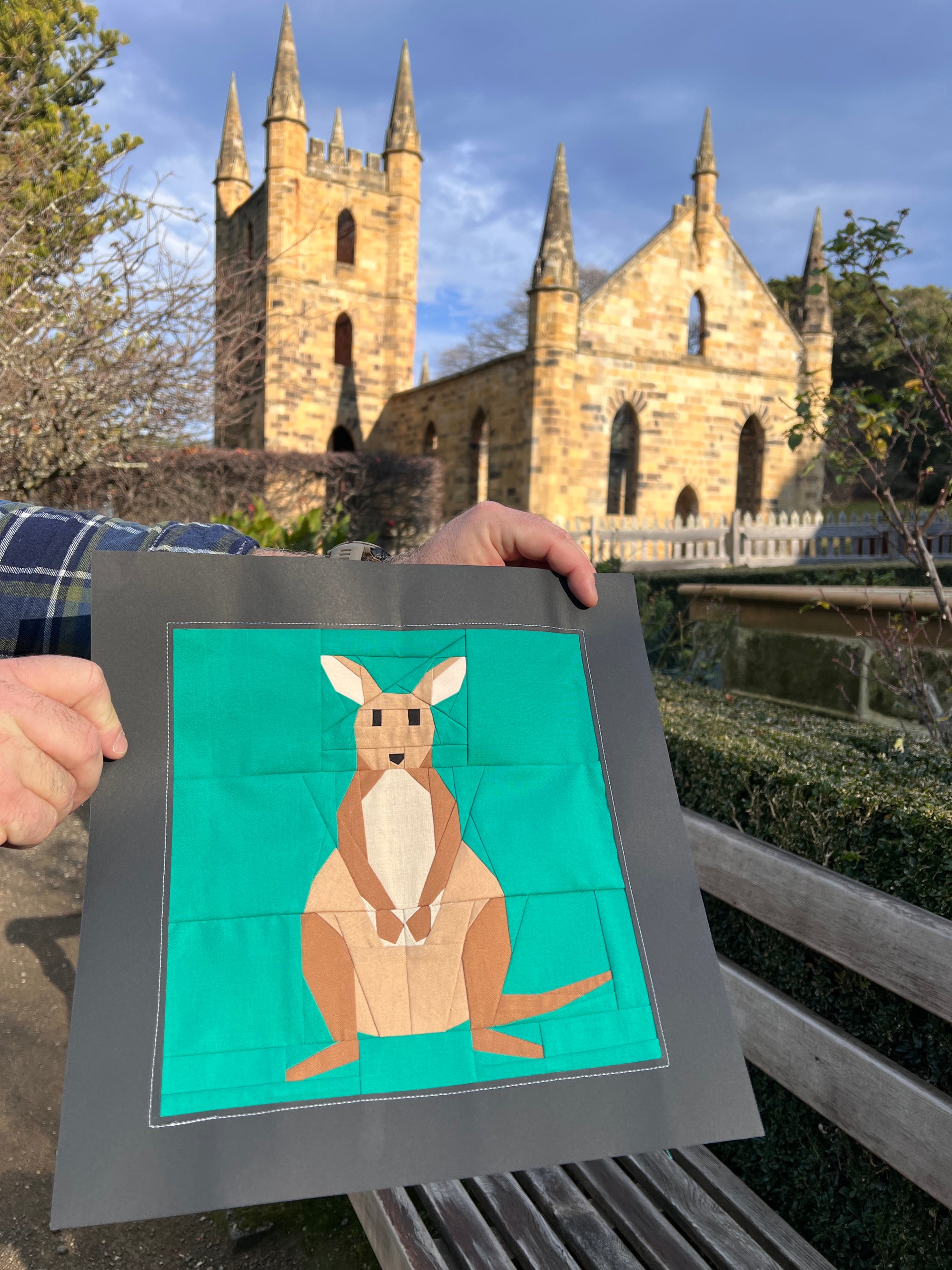 Wallaby foundation paper pieced quilt block photographed outdoors