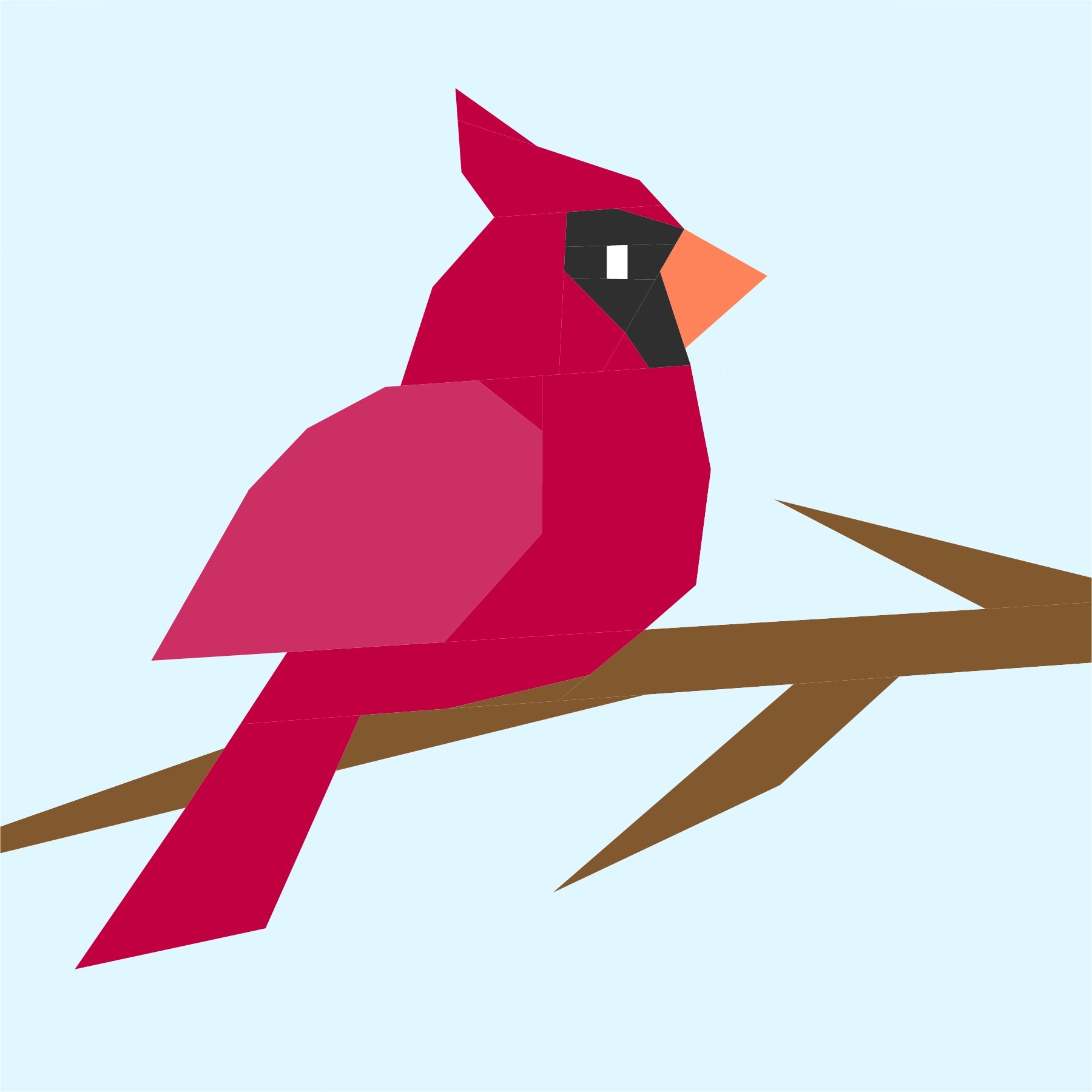 Red cardinal bird illustrated in a winter scene, foundation paper pieced quilting pattern design