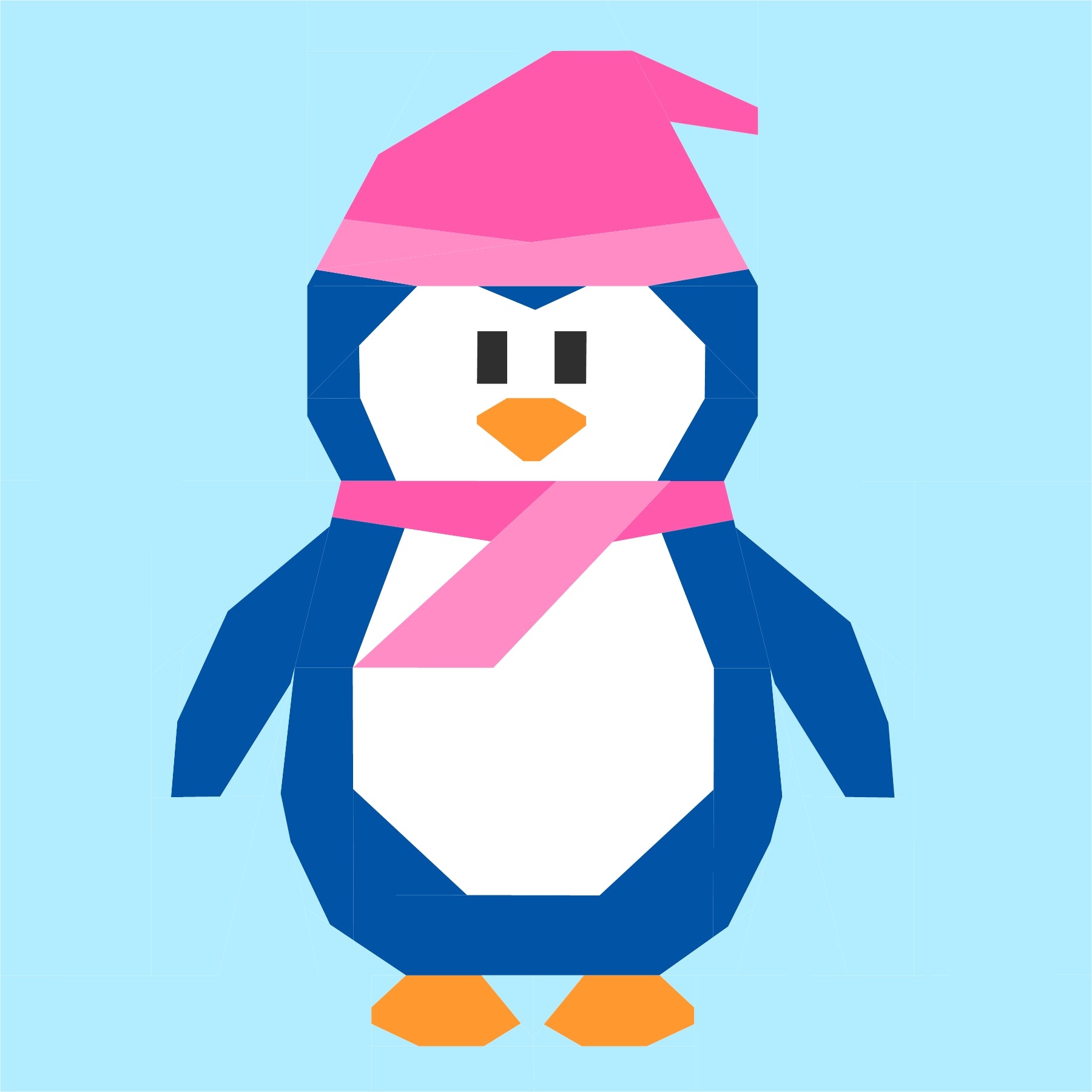 Winter penguin foundation paper pieced quilting pattern wearing a pink hat and scarf on a light blue background