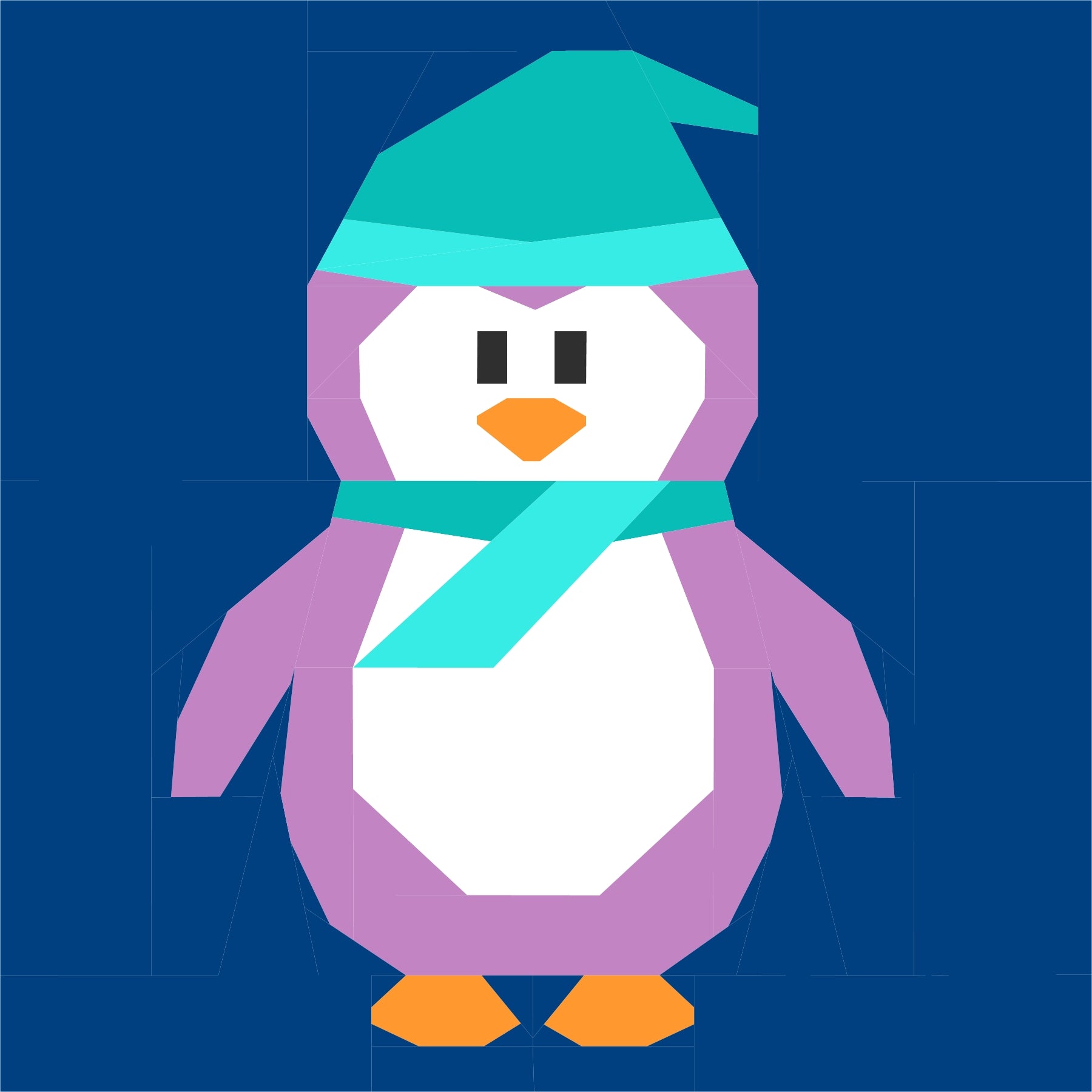 Winter penguin foundation paper pieced quilting pattern with purple penguin hat and scarf on a dark blue background