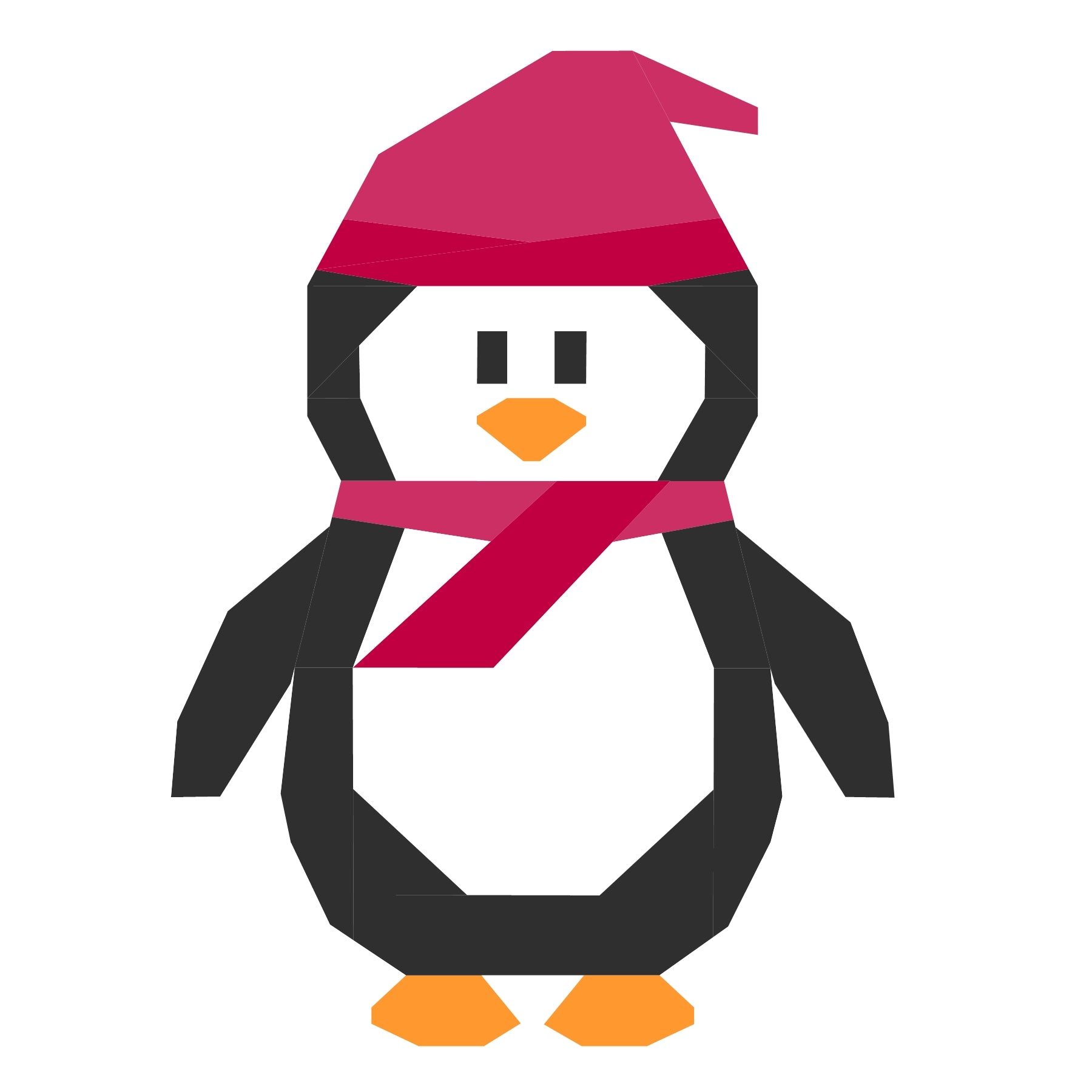Winter penguin foundation paper pieced quilting pattern with pink hat and scarf on a white background