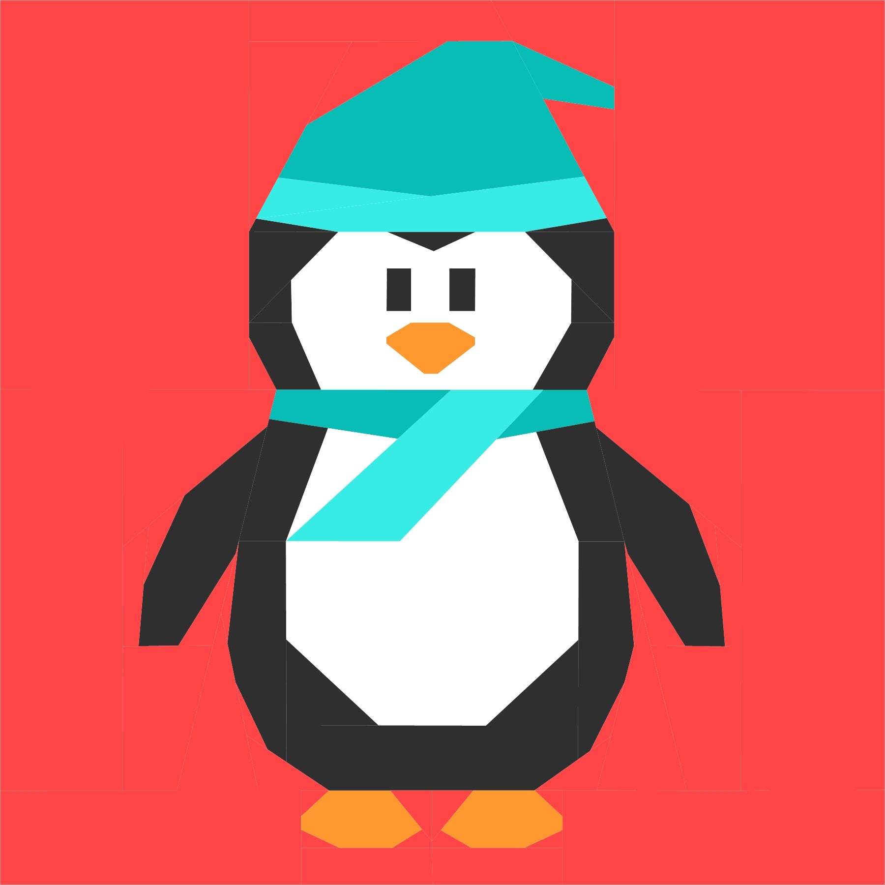 Winter penguin foundation paper pieced quilting pattern with teal hat and scarf on a red background